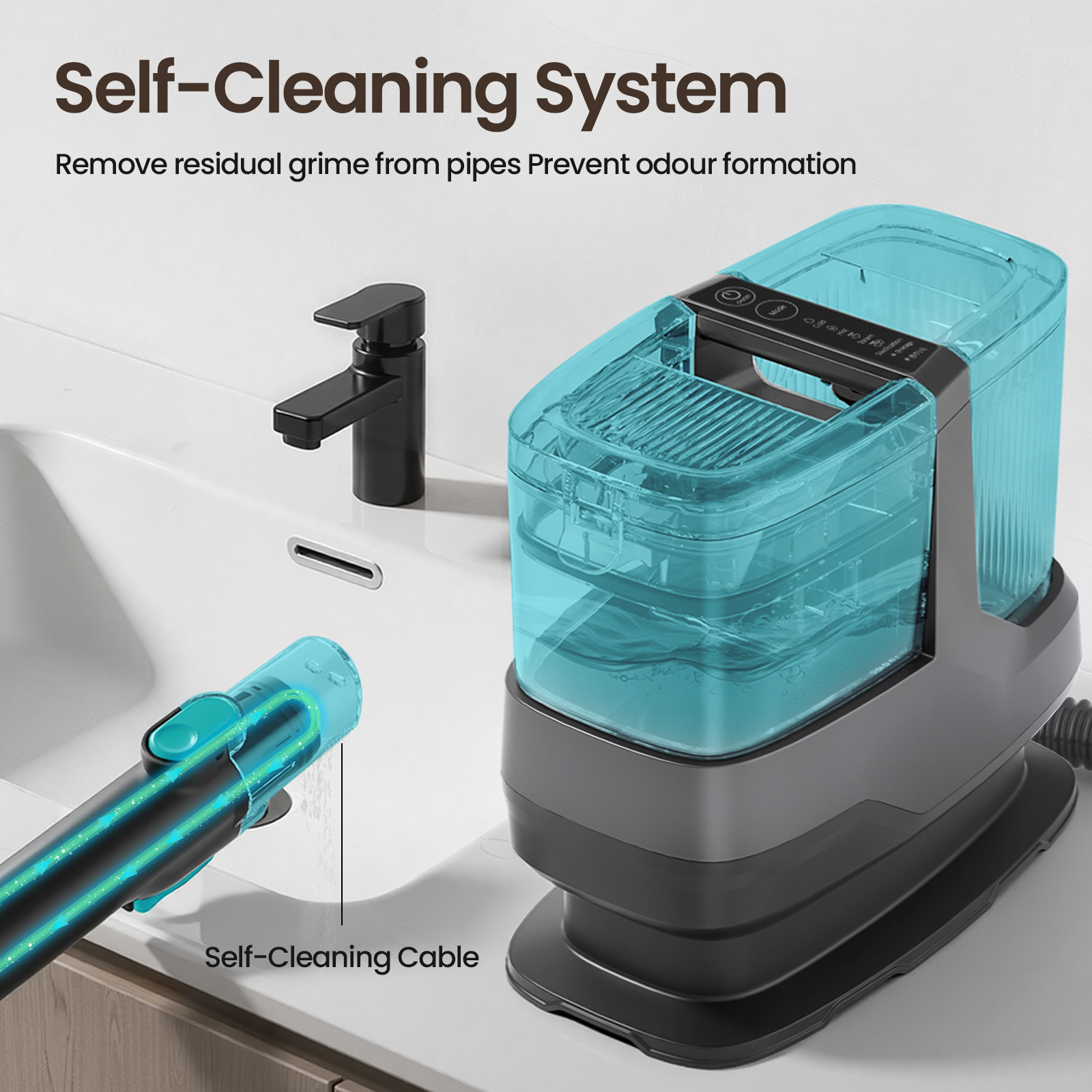 System samoczyszczący z niebieskim zbiornikiem i wężem przy umywalce.