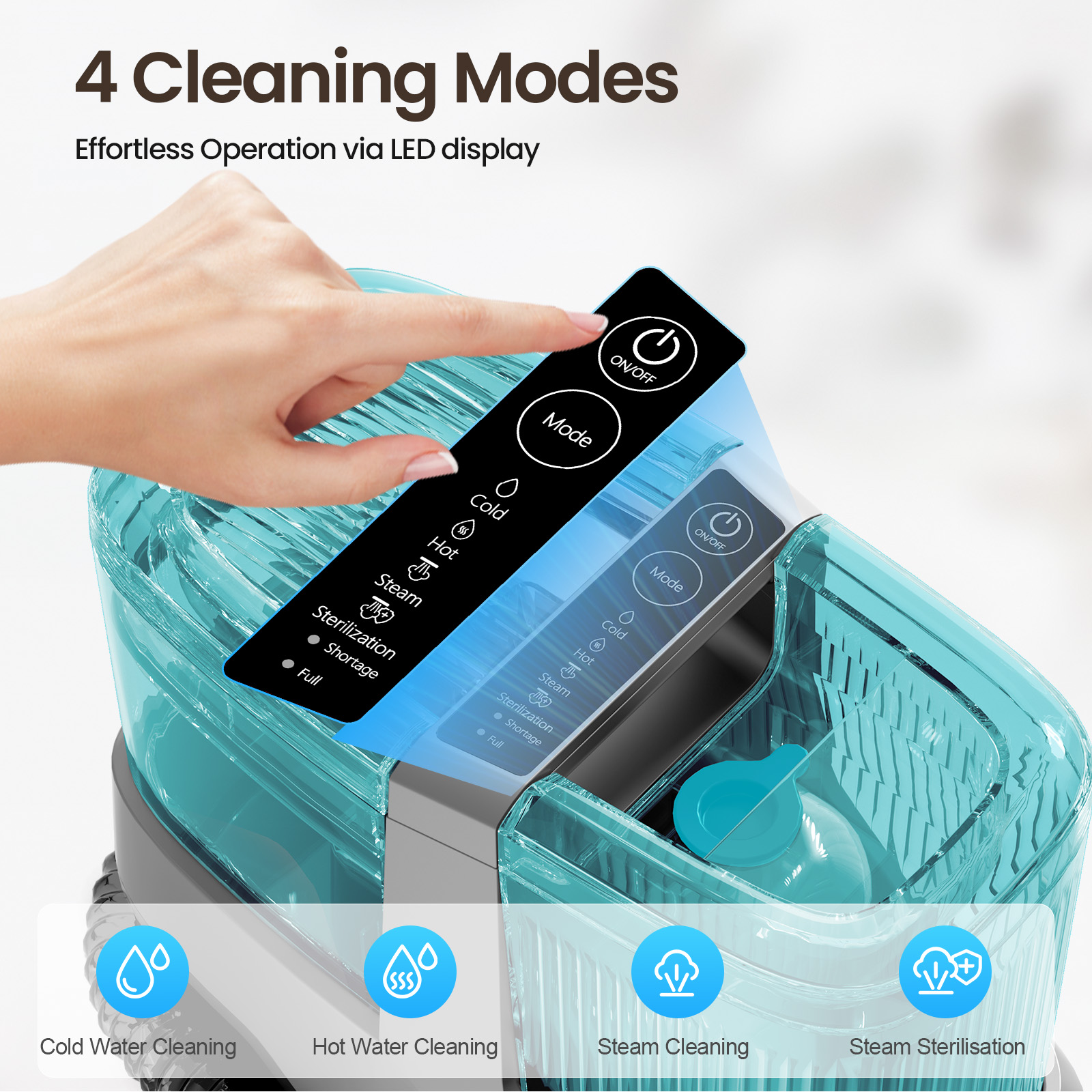 Ręka dotyka panelu sterowania z 4 trybami czyszczenia: Zimny, Gorący, Para, Sterylizacja.
