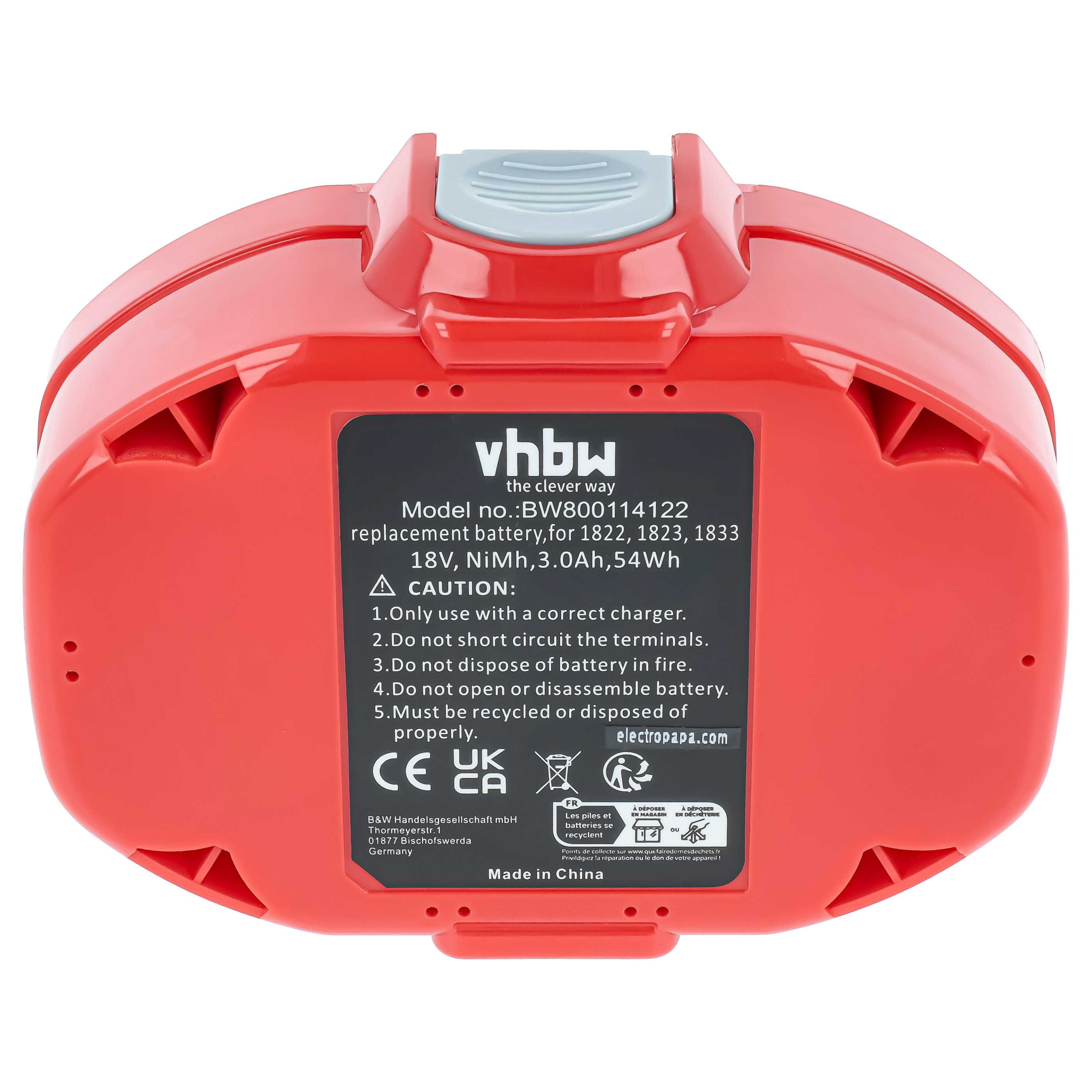 Rote Ersatzbatterie mit Modellnummer BW800114122 und Warnhinweisen.