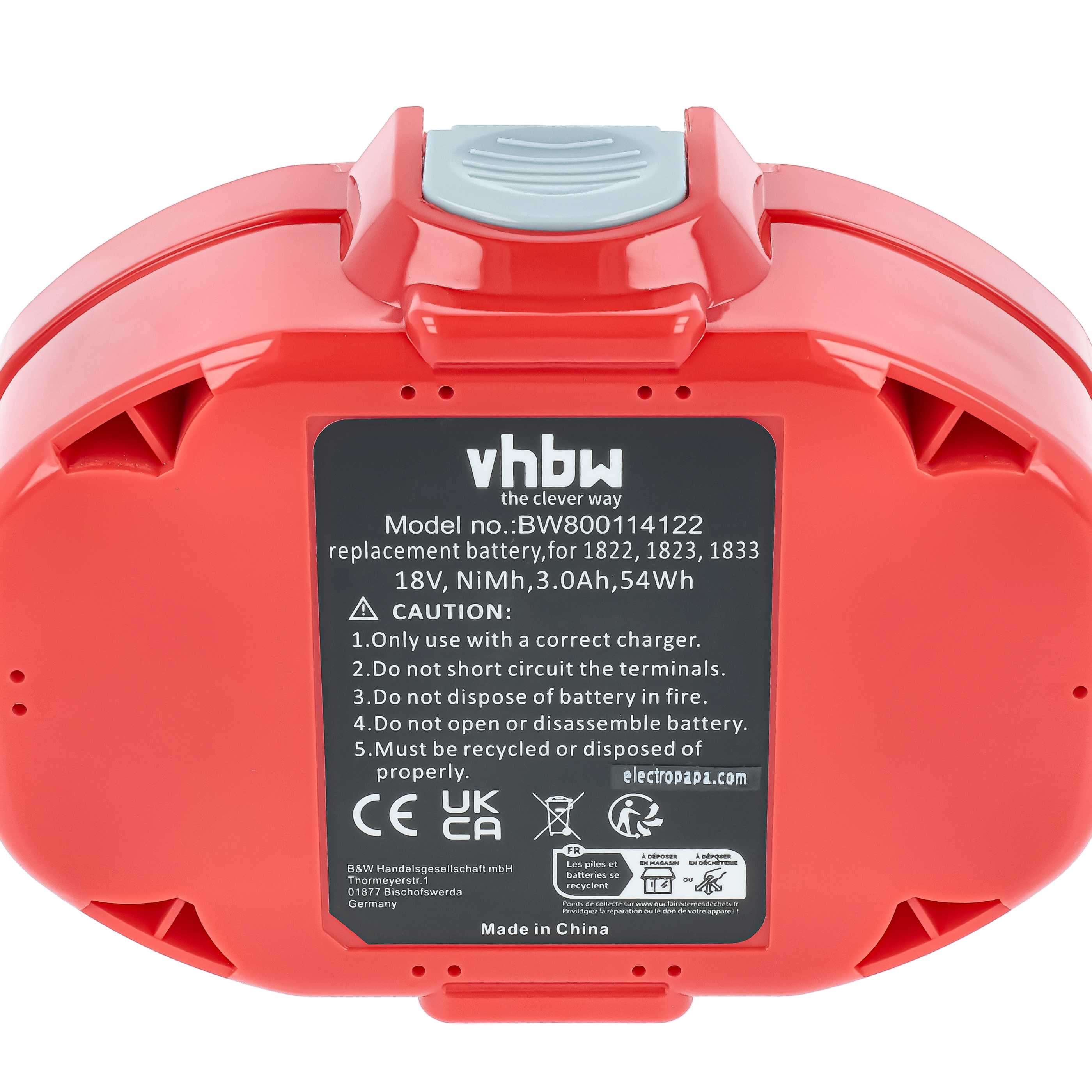 Rote 18V NiMh Ersatzbatterie mit schwarzen Aufklebern und Warnhinweisen.