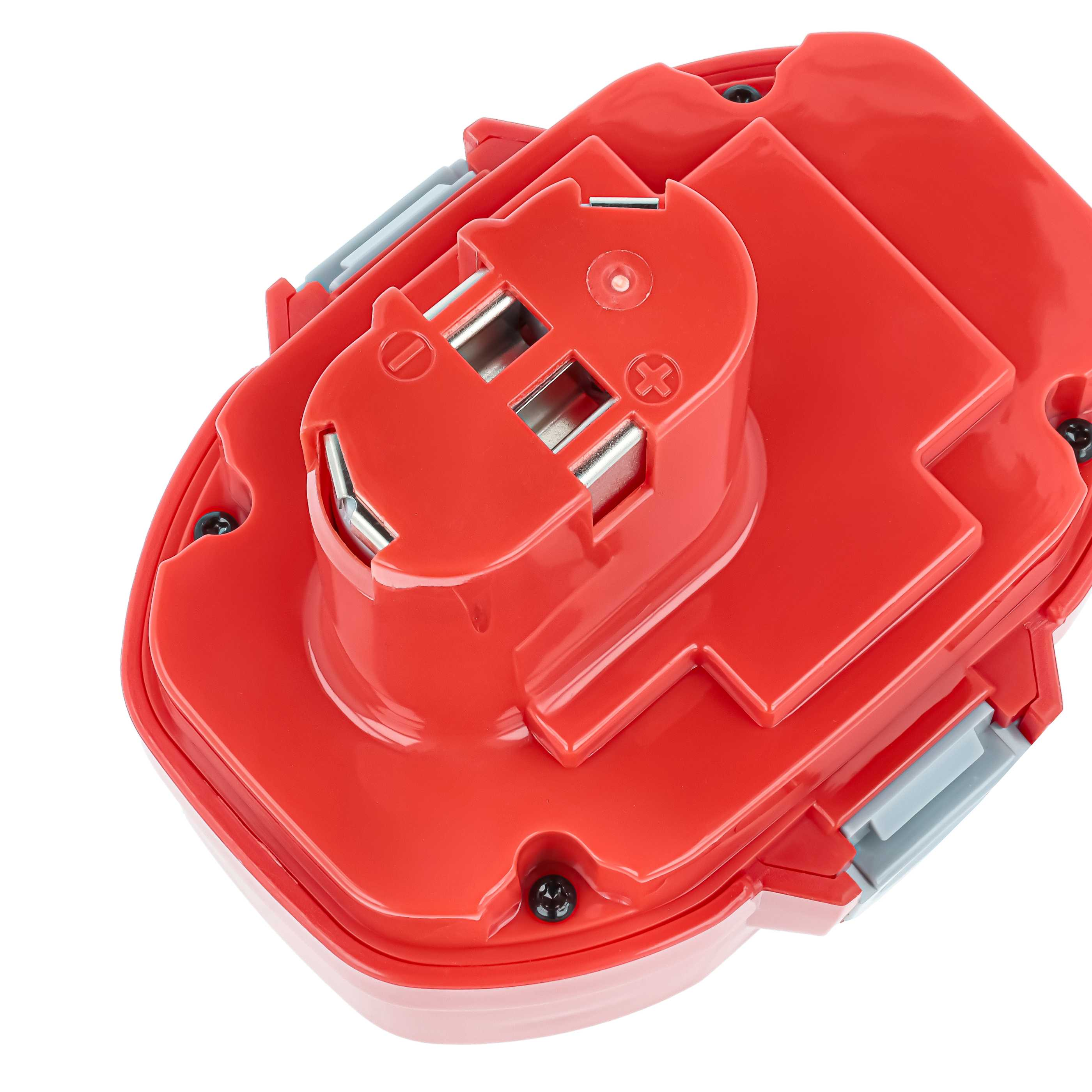 Roter Akku mit Metallkontakten und grauen Verriegelungsnasen.