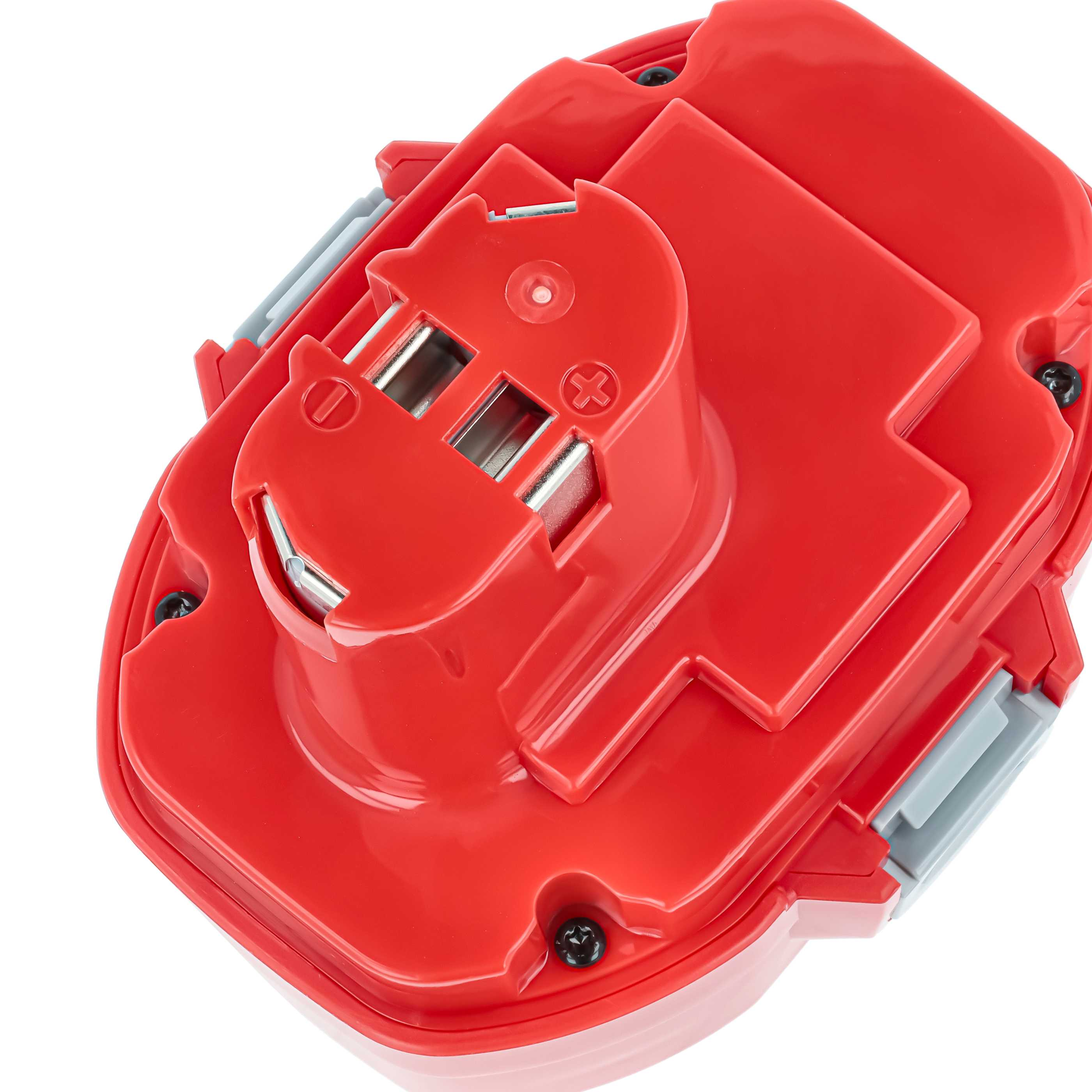 Eine rote Batterie mit Metallkontakten und grauen Verriegelungsmechanismen.