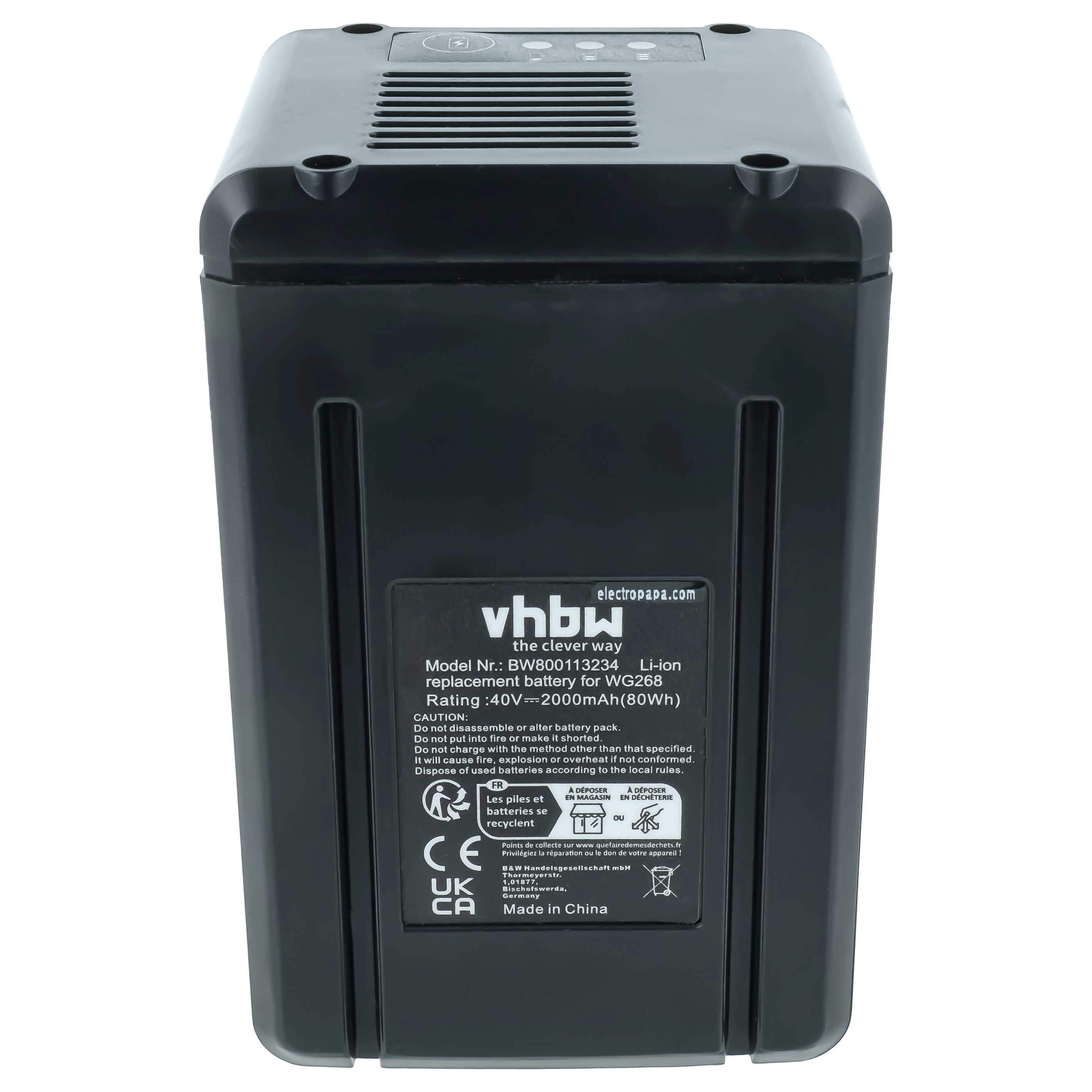 Schwarzer Li-Ion Ersatzakku für WG268, 40V, 2000mAh, 80Wh.
