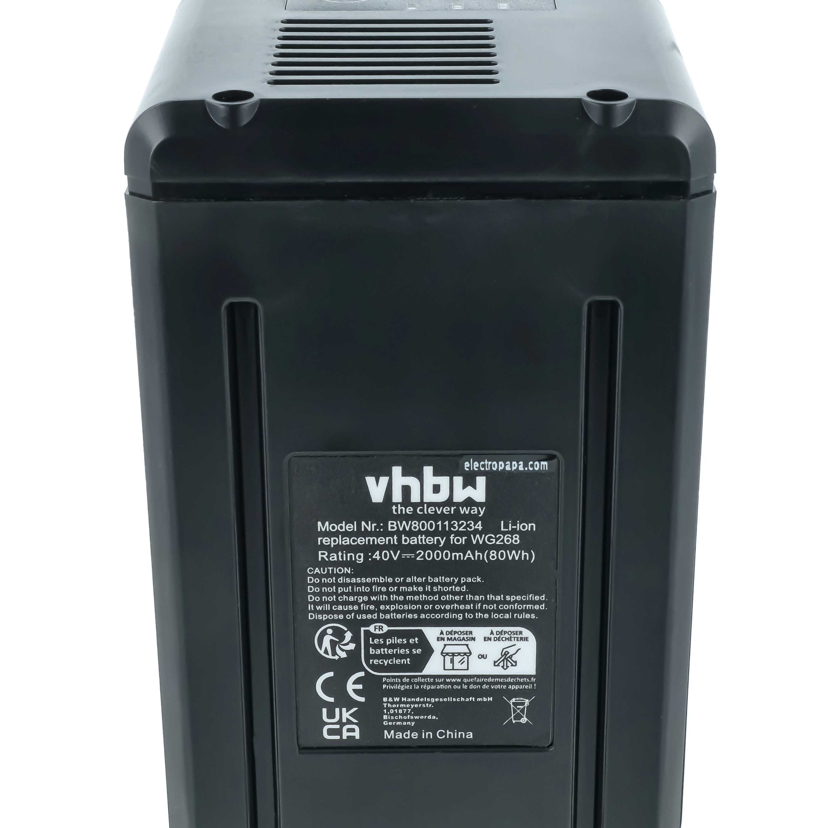 Schwarzer Li-Ion Ersatzakku für WG268 mit Beschriftung. 40V, 2000mAh.