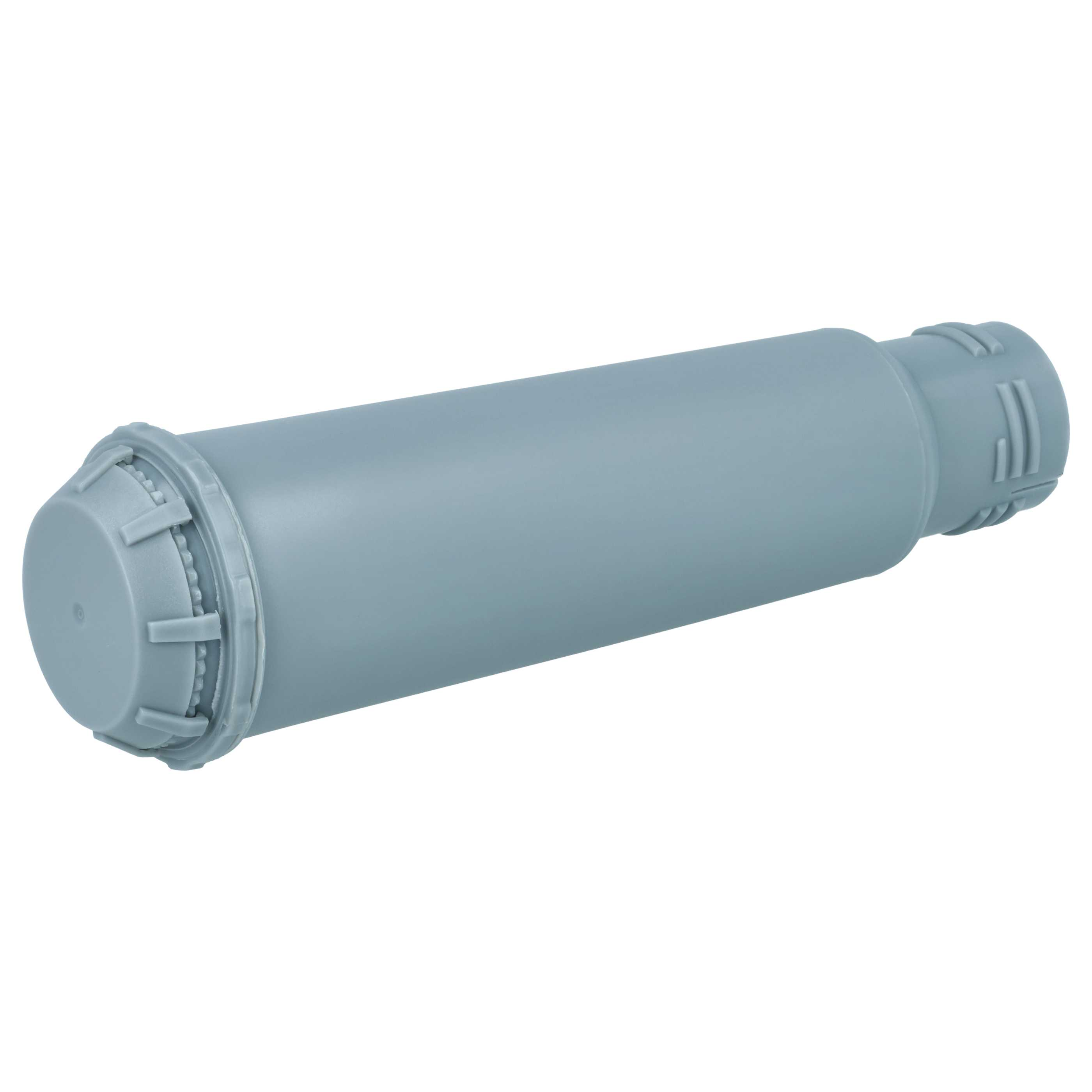 Ein grauer, zylindrischer Wasserfilter mit Schraubverschluss und Rillen.
