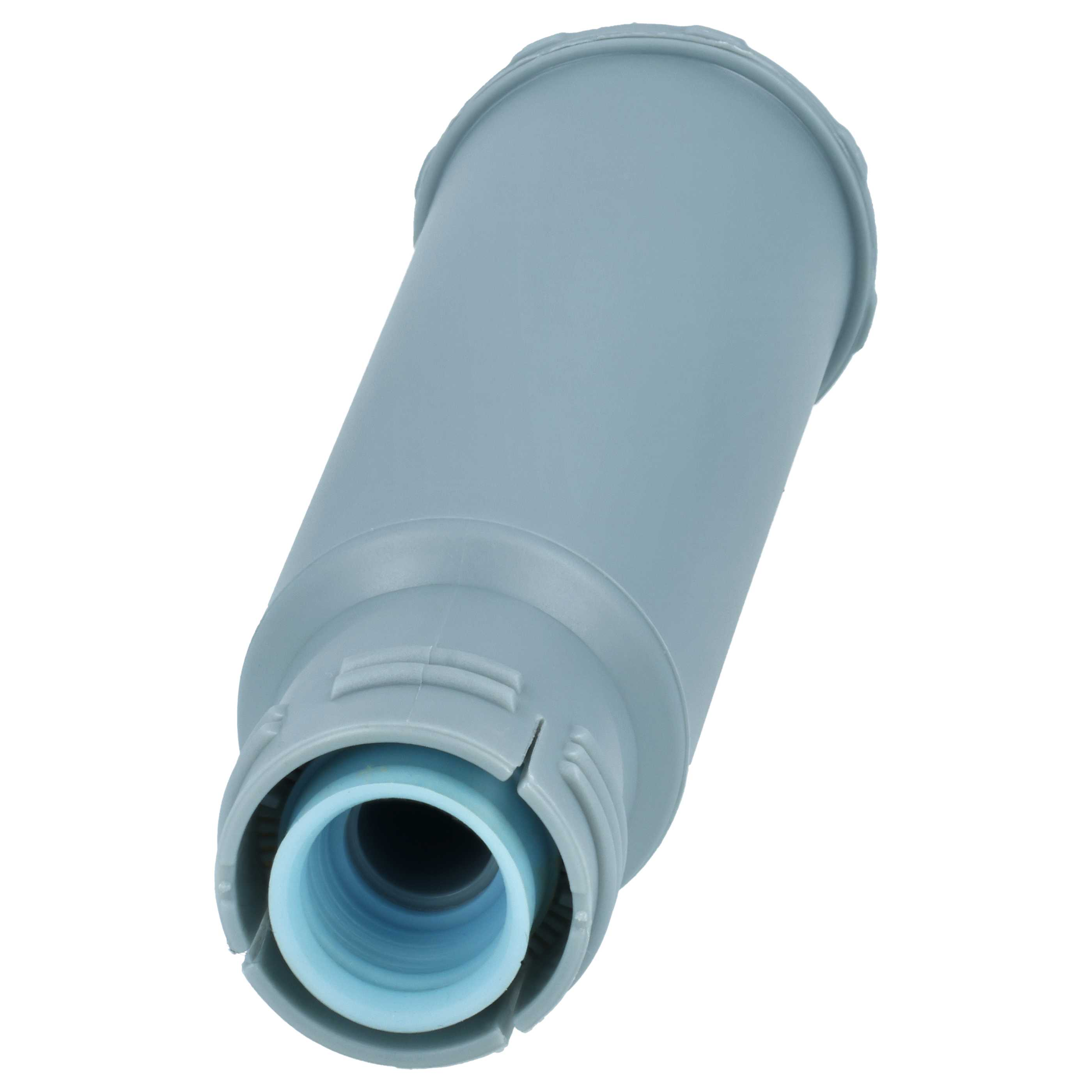 Ein graublauer Wasserfilterkartuschenadapter mit blauem Einsatz.