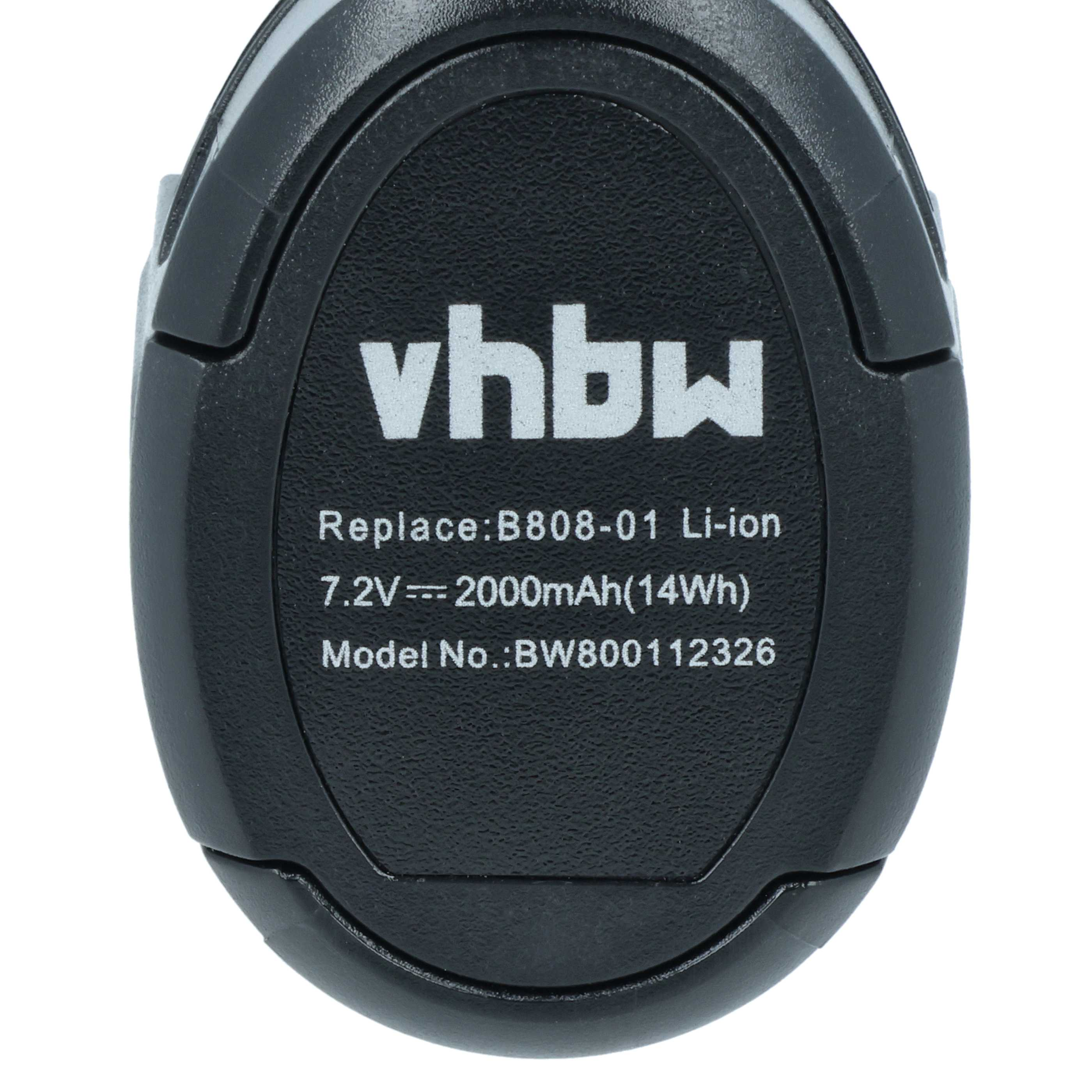Schwarzer Akku mit weißer Schrift: vhbw, Modell B808-01, 7.2V, 2000mAh.