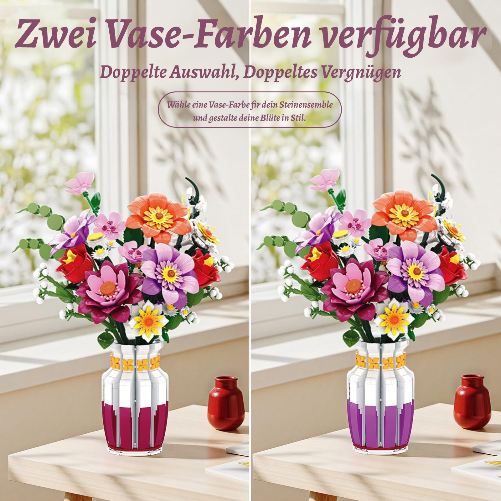 Zwei bunte Blumenbouquets in Lego-Vasen, mit Text 'Zwei Vase-Farben verfügbar'.