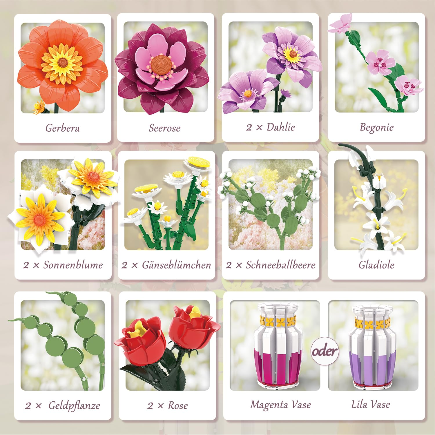 Bilder von Blumen- und Vasenmodellen: Gerbera, Seerose, Dahlien, Begonien, Sonnenblumen, Gänseblümchen, Schneeballbeeren, Gladiolen, Geldpflanze, Rose, und Vasen.
