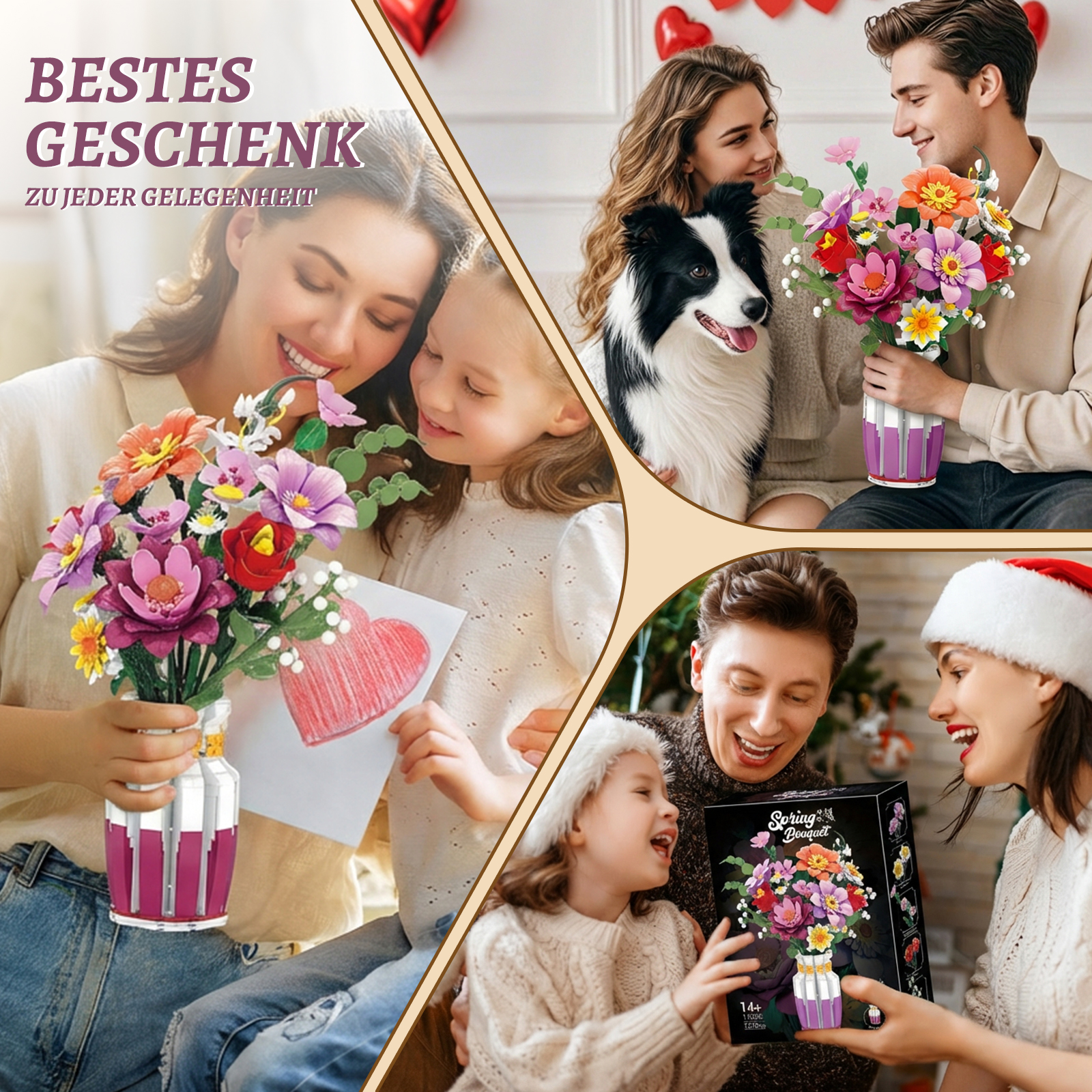 Familien genießen Blumenbausätze: Mutter & Kind, Paar mit Hund, Familie mit Kind.