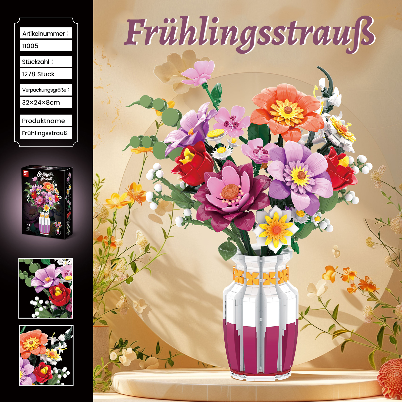 Bunter Blumenstrauß aus Bausteinen in einer weißen und lila Vase.