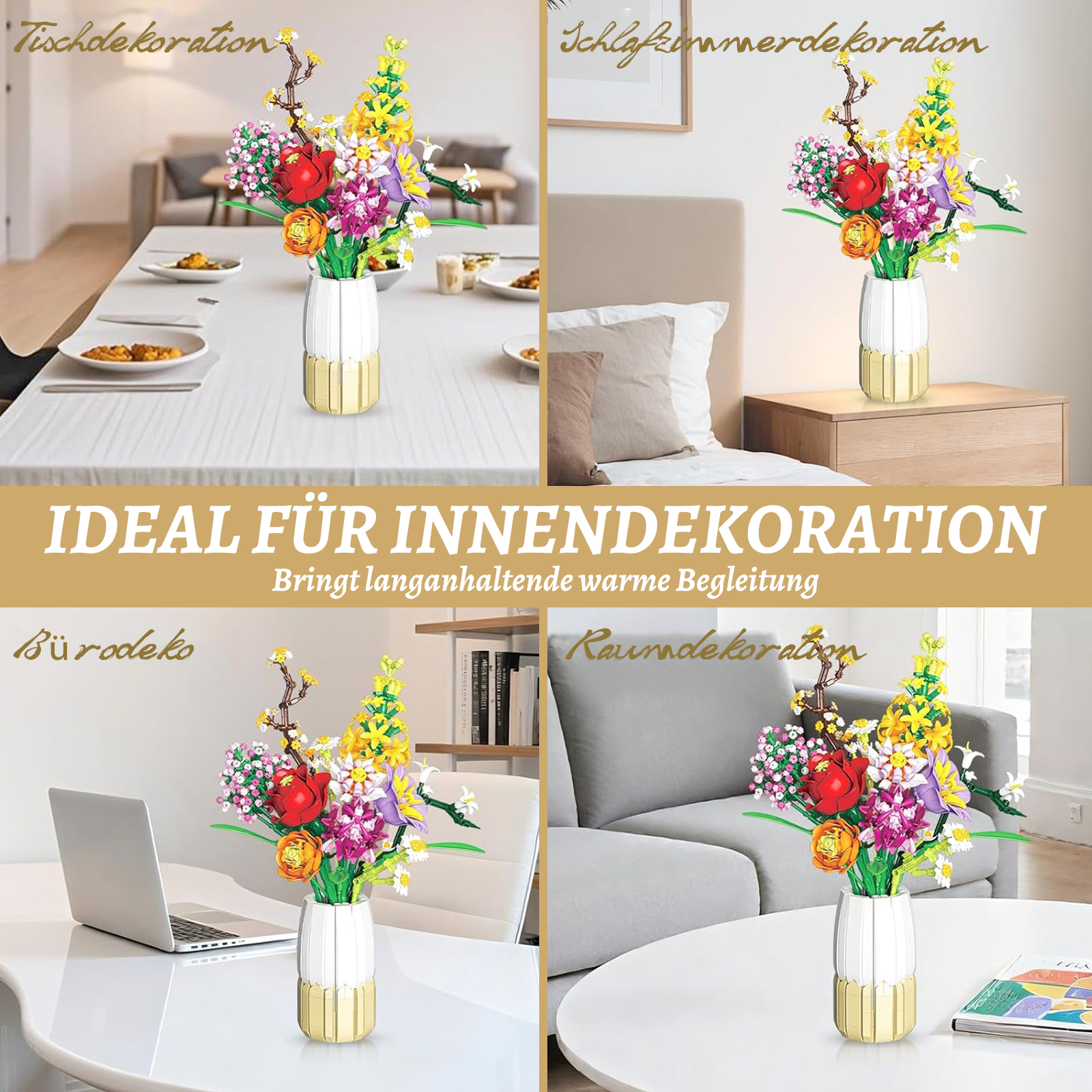 Ein Blumenstrauß in einer Vase mit goldener Basis, dekoriert in verschiedenen Räumen.