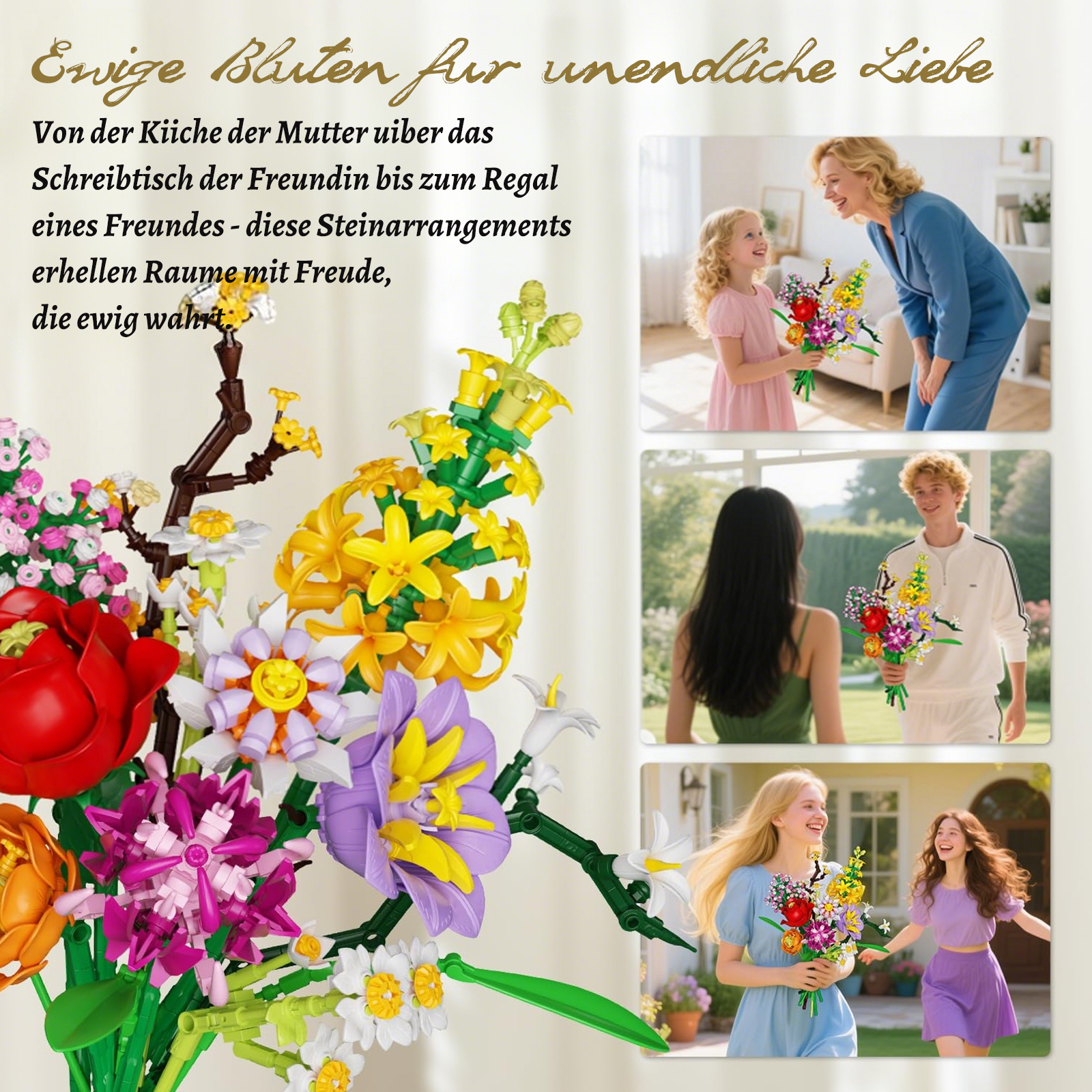 Bunte Bausteinblumen, die von einer Frau und einem Mädchen, einem Paar und zwei jungen Frauen gehalten werden.