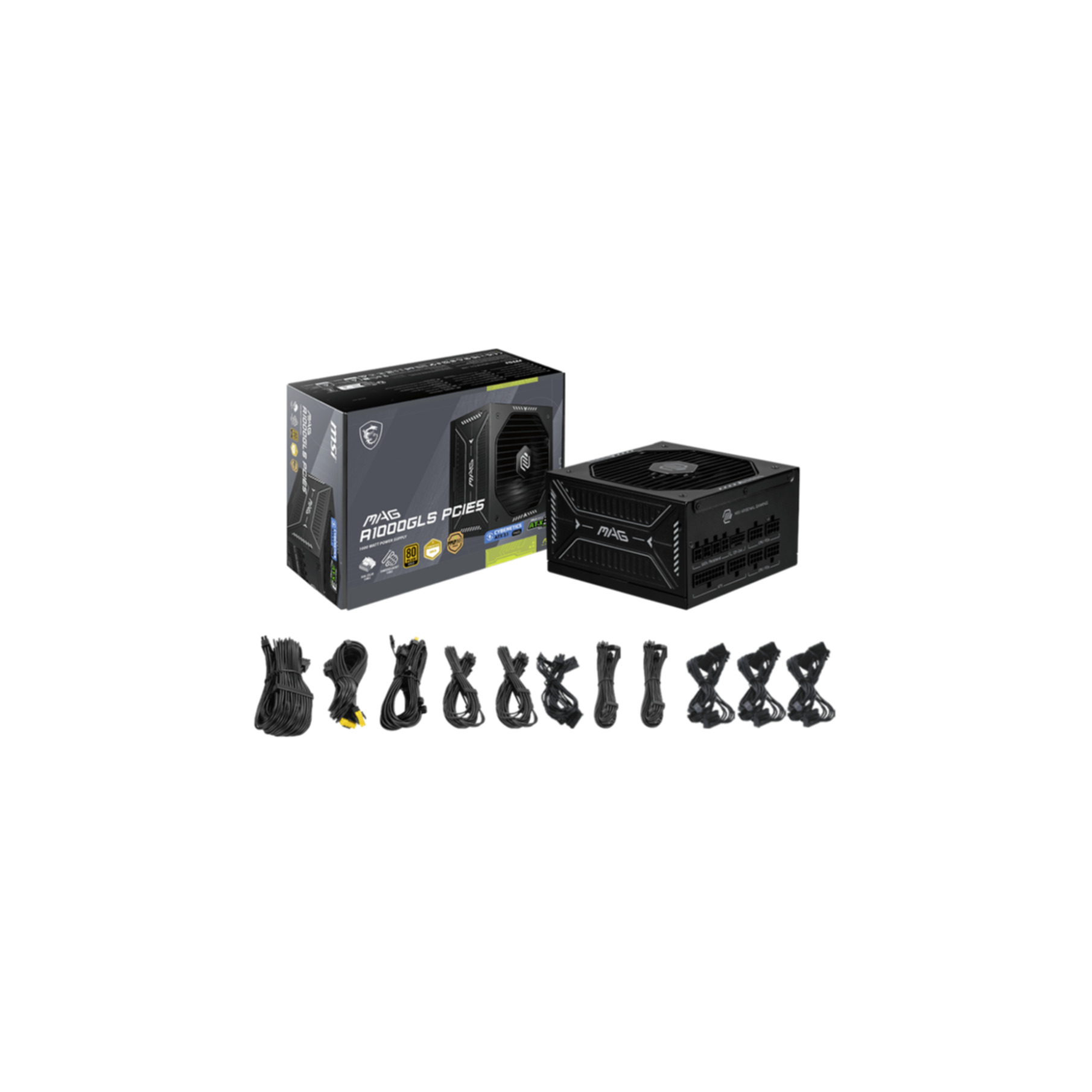 Black computer power supply with box and cables. MSI MAG A1000GLS PCIES.