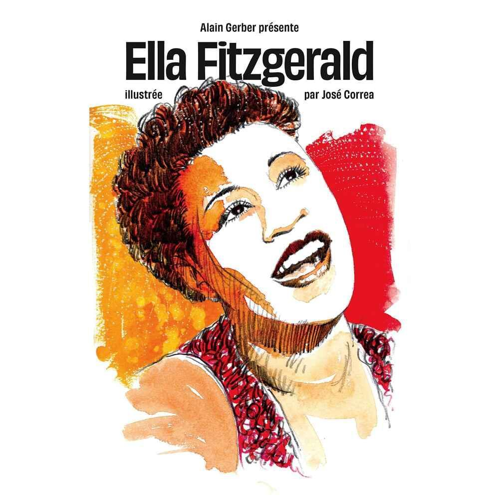 Illustrazione di Ella Fitzgerald a bocca aperta, su sfondo arancione-rosso.