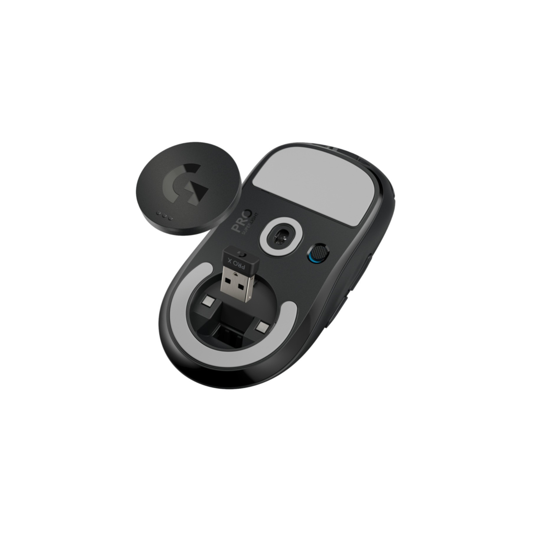 Czarny spód myszy z donglem USB i dyskiem z logo "G".