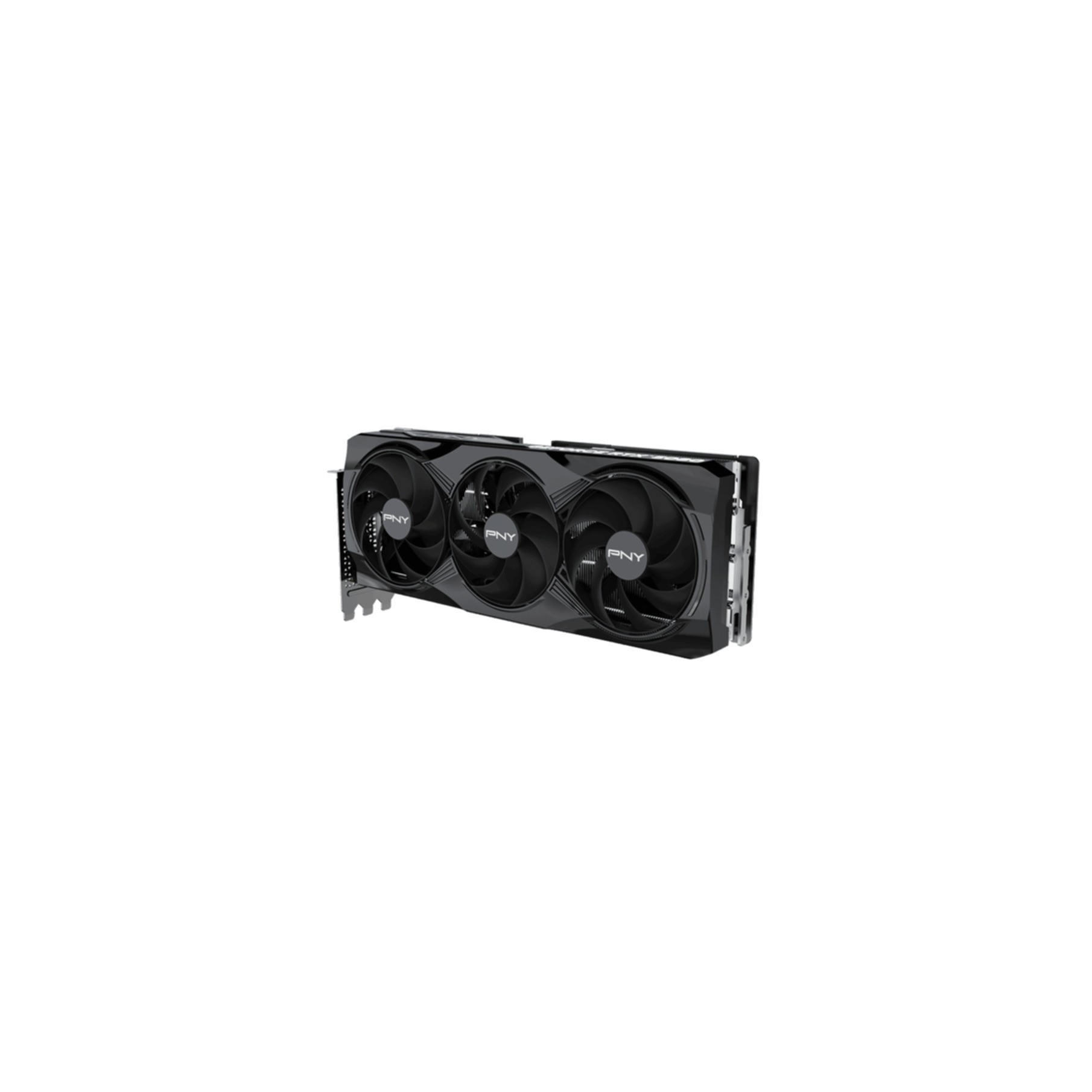 A black PNY graphics card with three fans on a white background.