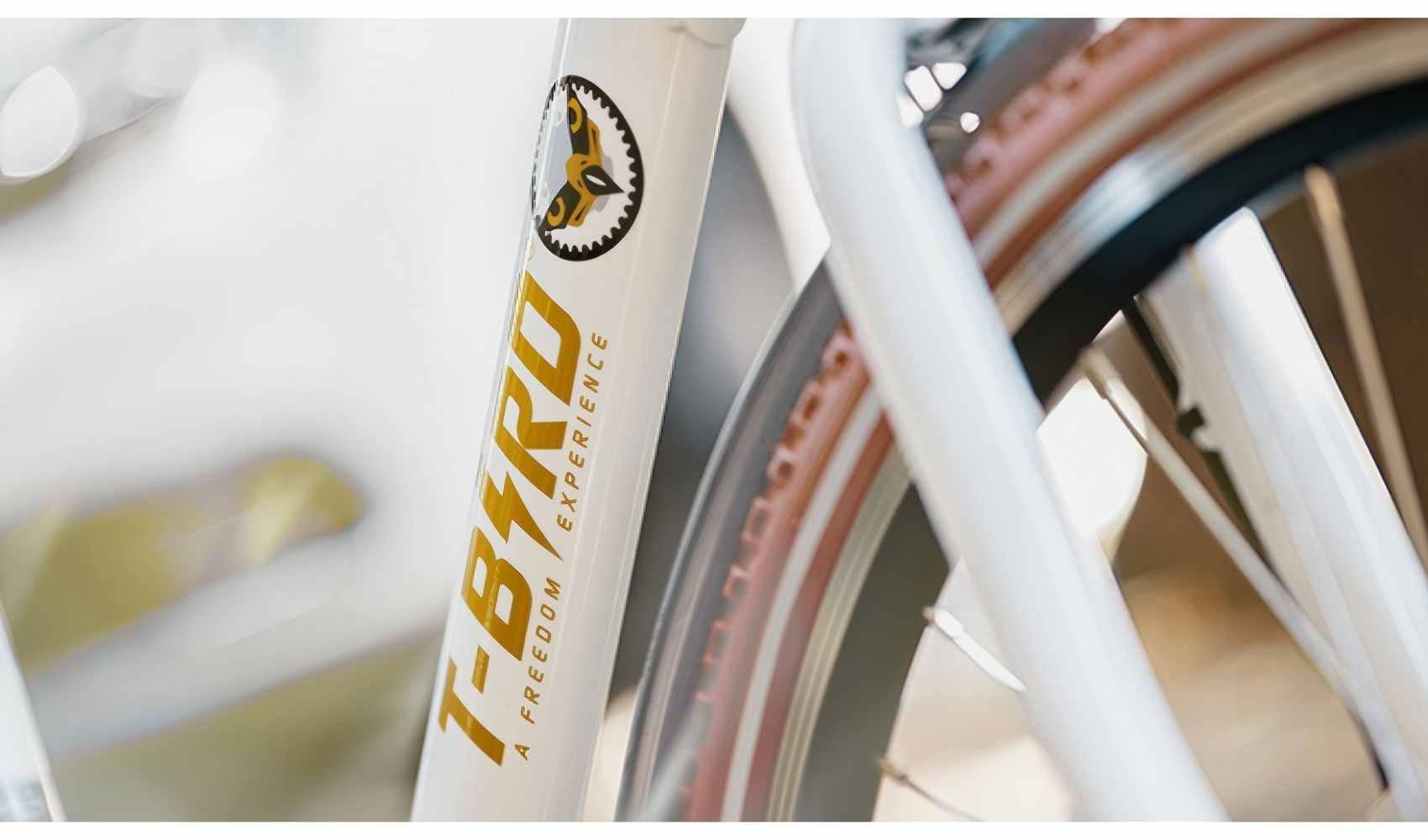 Ein weißes Fahrrad mit goldenem Schriftzug und einem Vogel-Logo. Nahaufnahme.