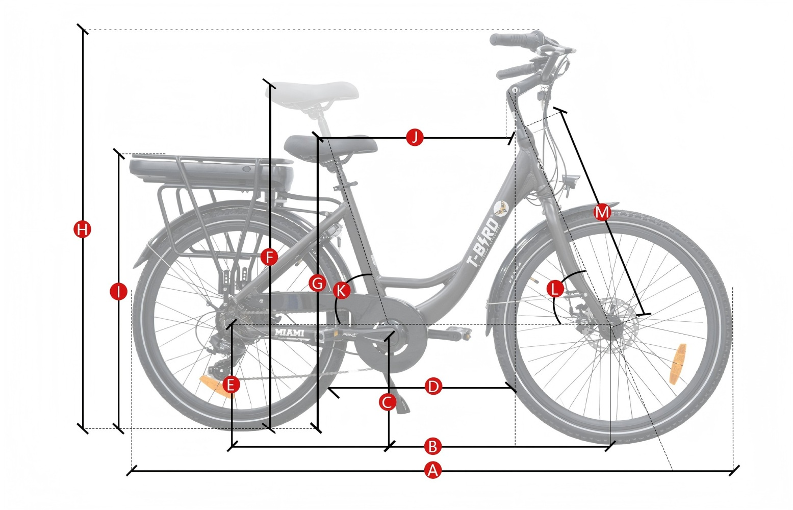 Schema di bicicletta da donna grigia con misure. Il portapacchi posteriore ha una batteria.