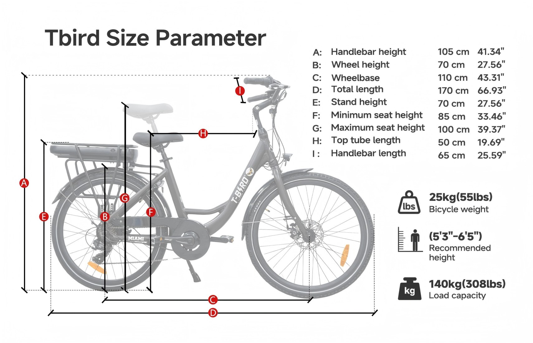 Diagramma con misure e specifiche di una bicicletta Tbird, peso, dimensioni e capacità di carico.