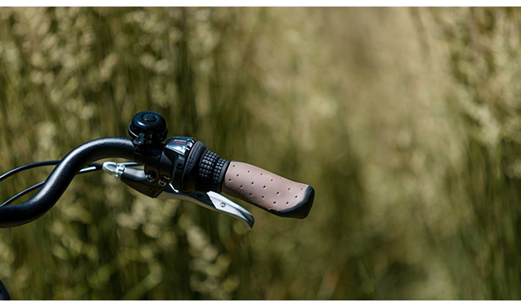 Manubrio bicicletta con impugnatura, campanello e leva freno, sfondo verde sfocato.
