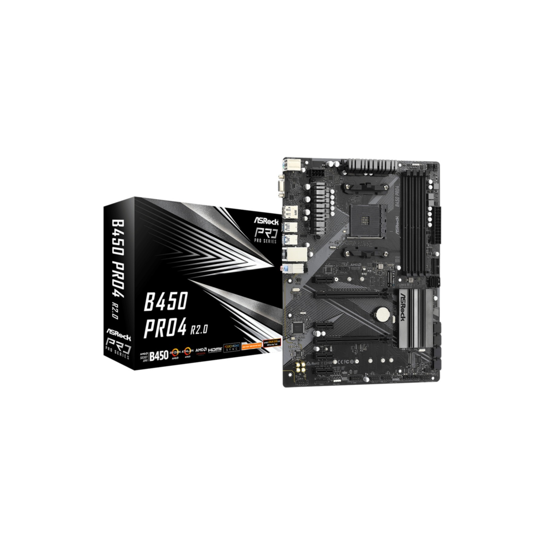 Płyta główna ASRock B450 PRO4 R2.0 i jej pudełko na białym tle.