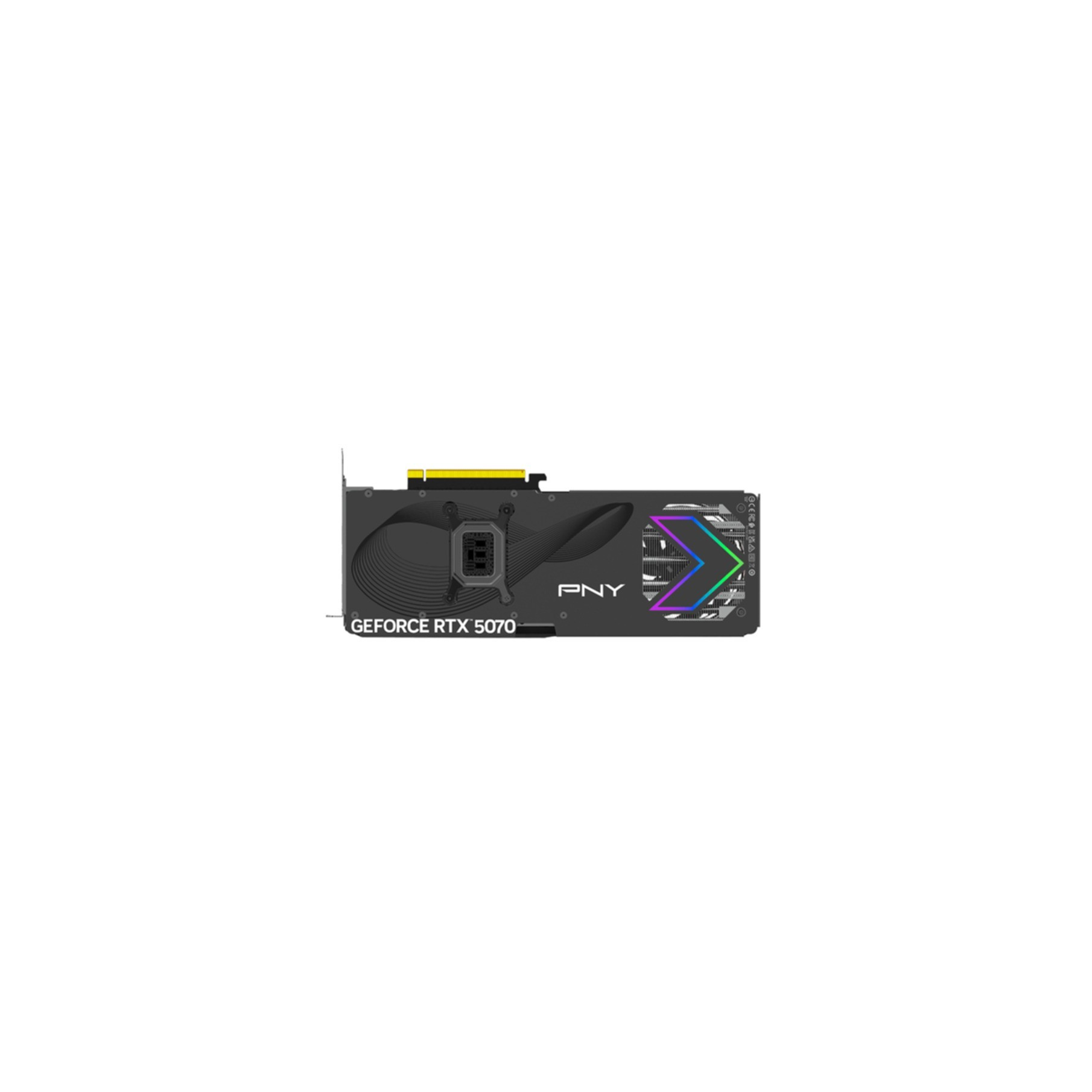 Eine schwarze PNY GeForce RTX 5070 Grafikkarte mit RGB-Beleuchtung.
