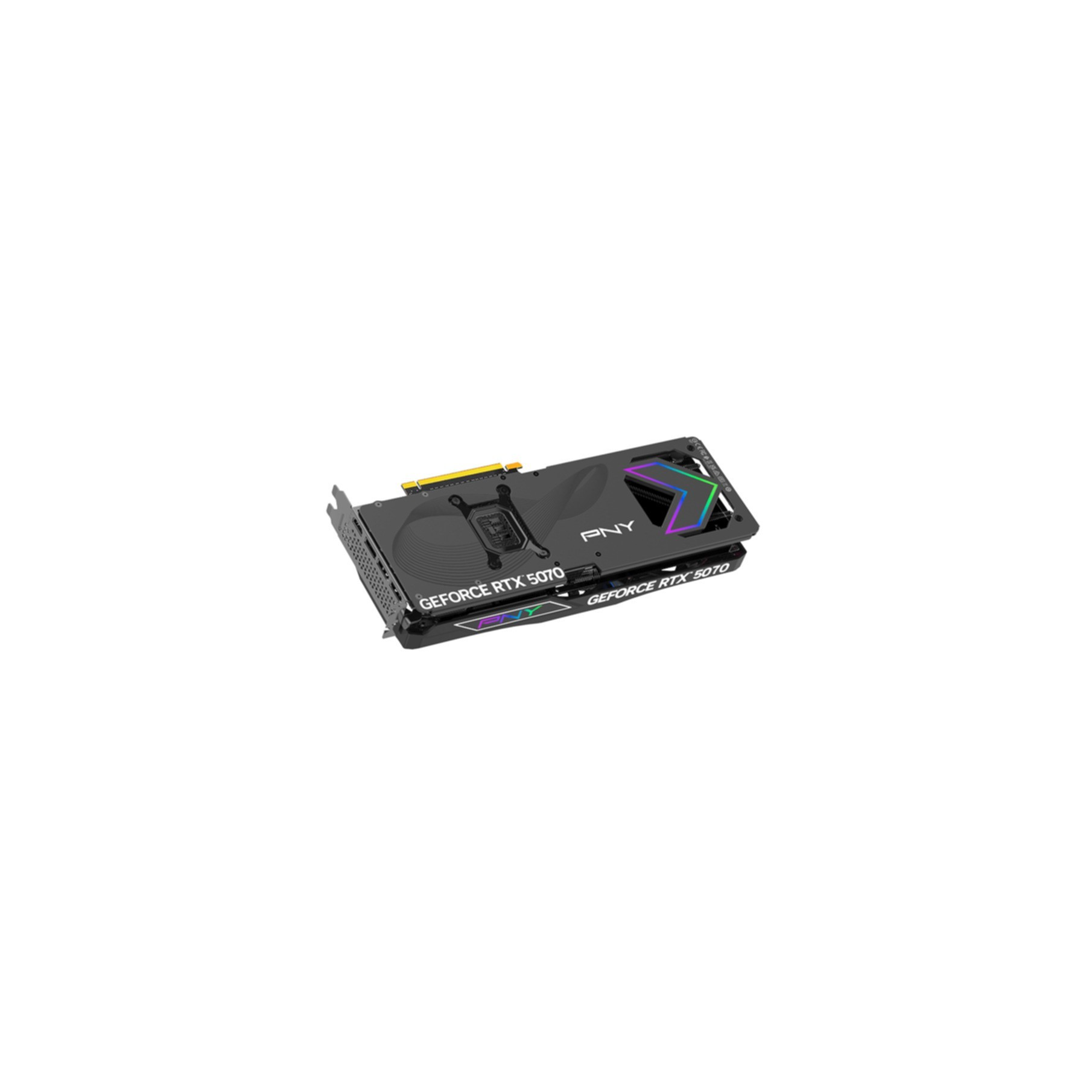 Eine schwarze PNY GeForce RTX 5070 Grafikkarte mit RGB-Beleuchtung.