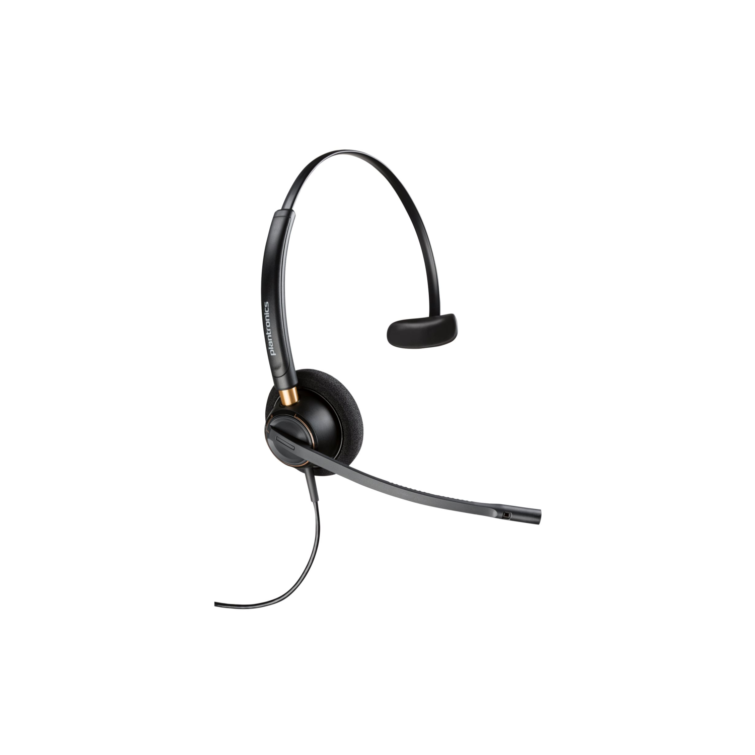 Un auricolare Plantronics nero con braccio microfonico e padiglione, su sfondo bianco.