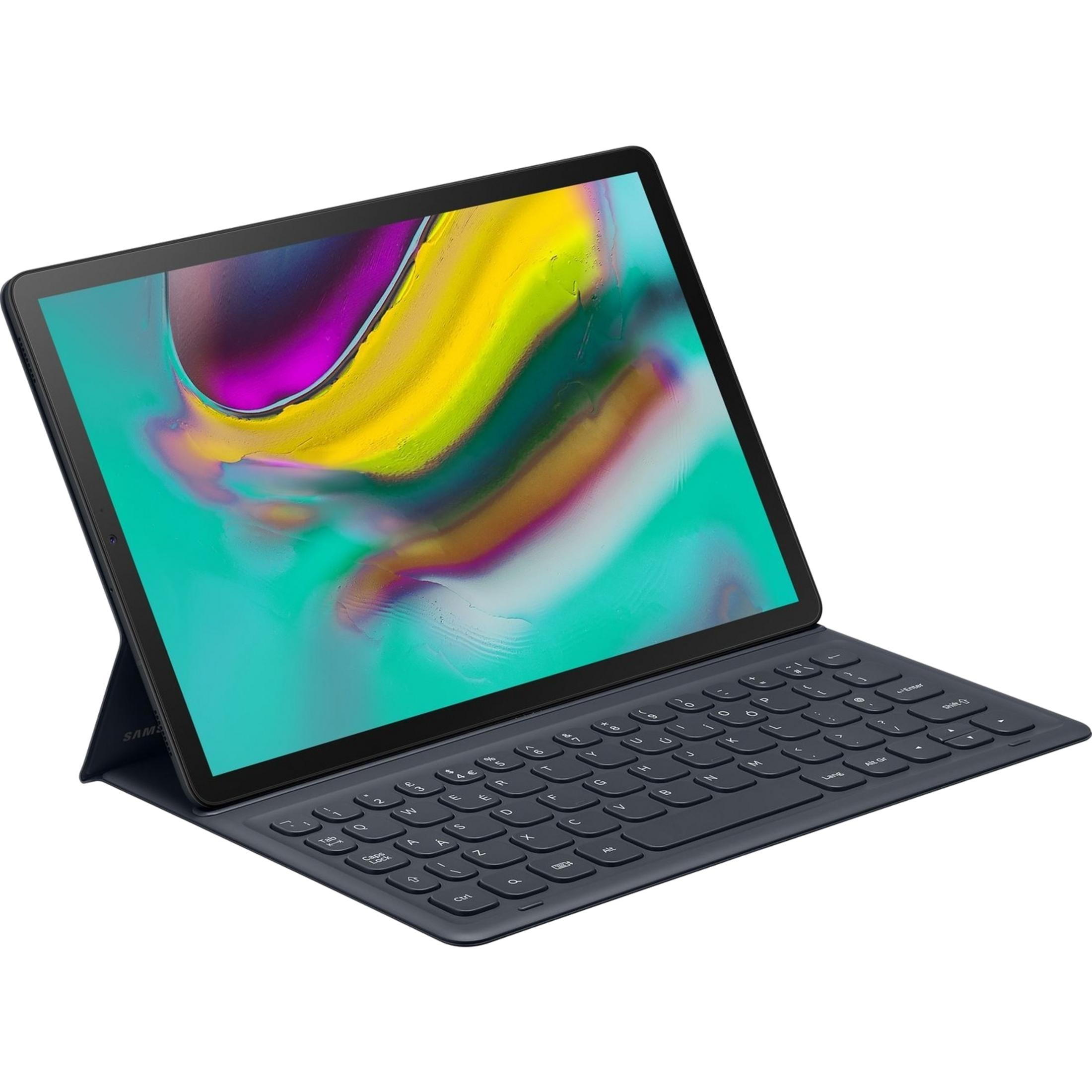 Beyaz arka plan üzerinde klavyeli ve renkli ekranlı koyu tablet.