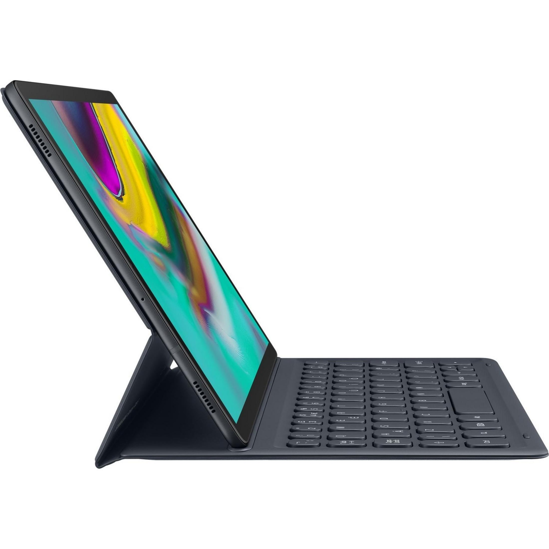 Beyaz arka plan üzerinde dizüstü bilgisayar modunda klavyeli siyah tablet.