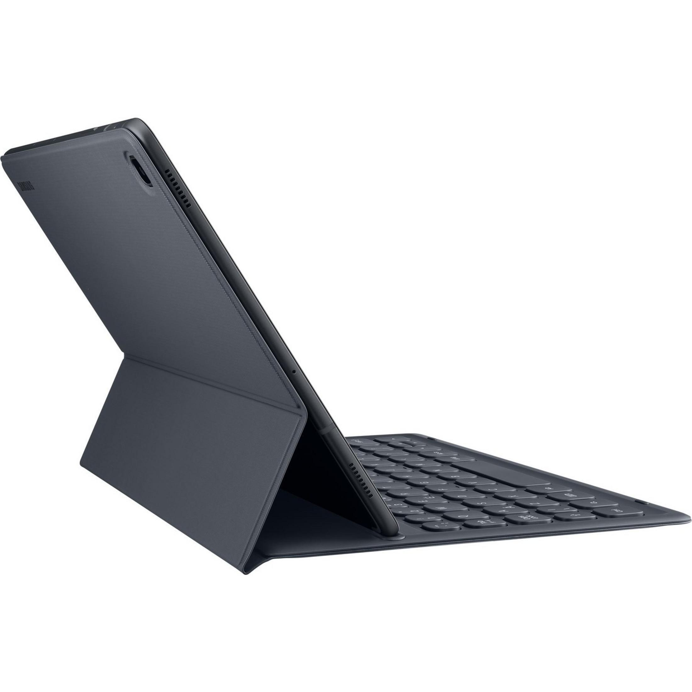 Takılı klavyeli, dik duran koyu renk tablet. Klavye açık konumda.