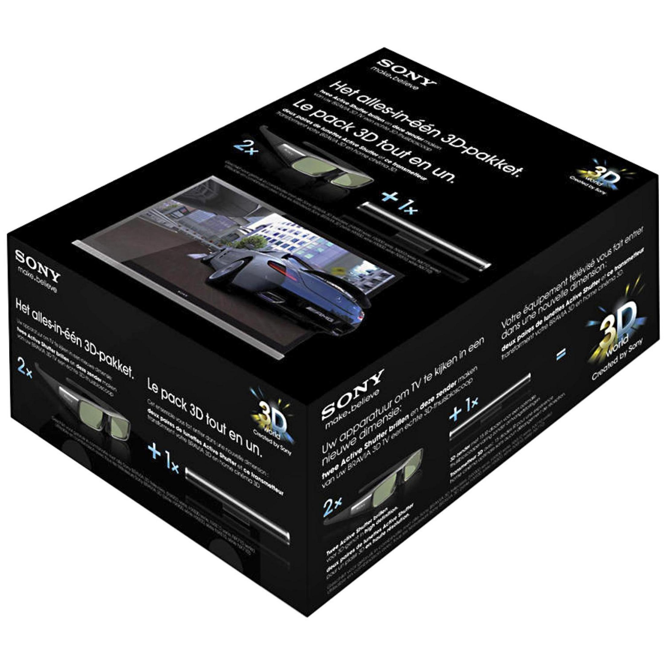 İki gözlük ve verici içeren Sony 3D paketi. BRAVIA TV için 3D gözlük ve verici içerir.
