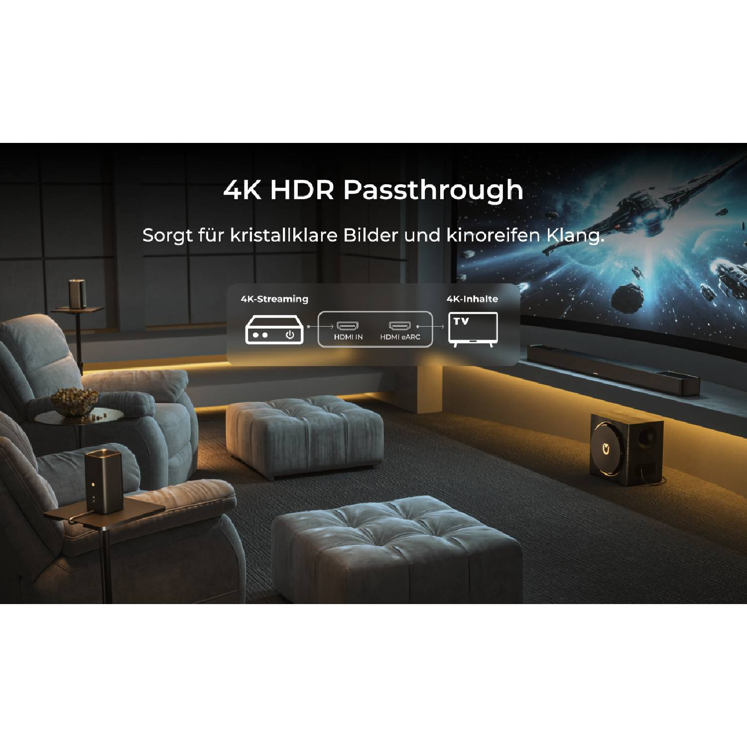Cinéma maison avec 4K HDR : Fauteuils confortables, poufs, barre de son, caisson.