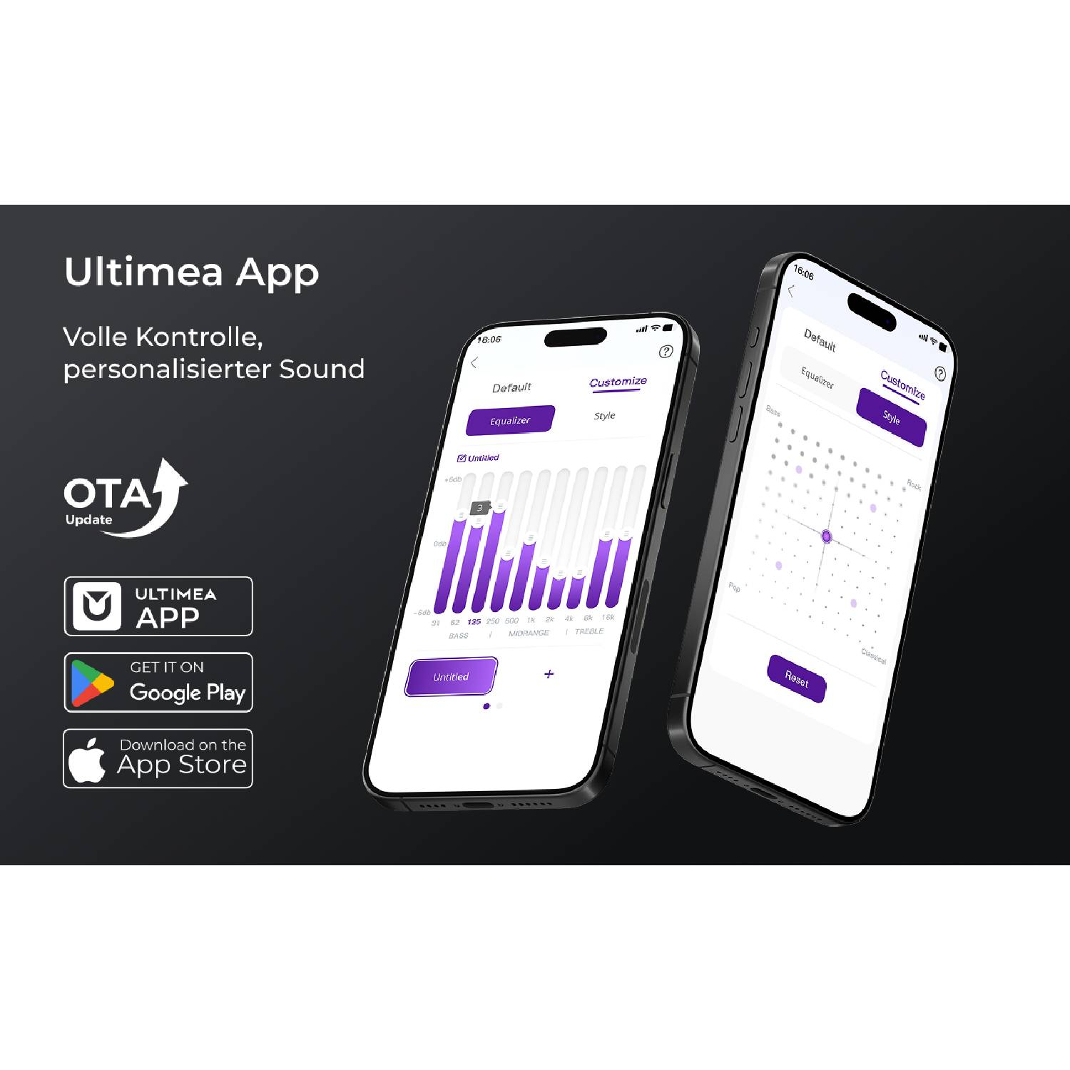 Deux smartphones affichent l'application Ultimea avec des réglages d'égaliseur et de style.