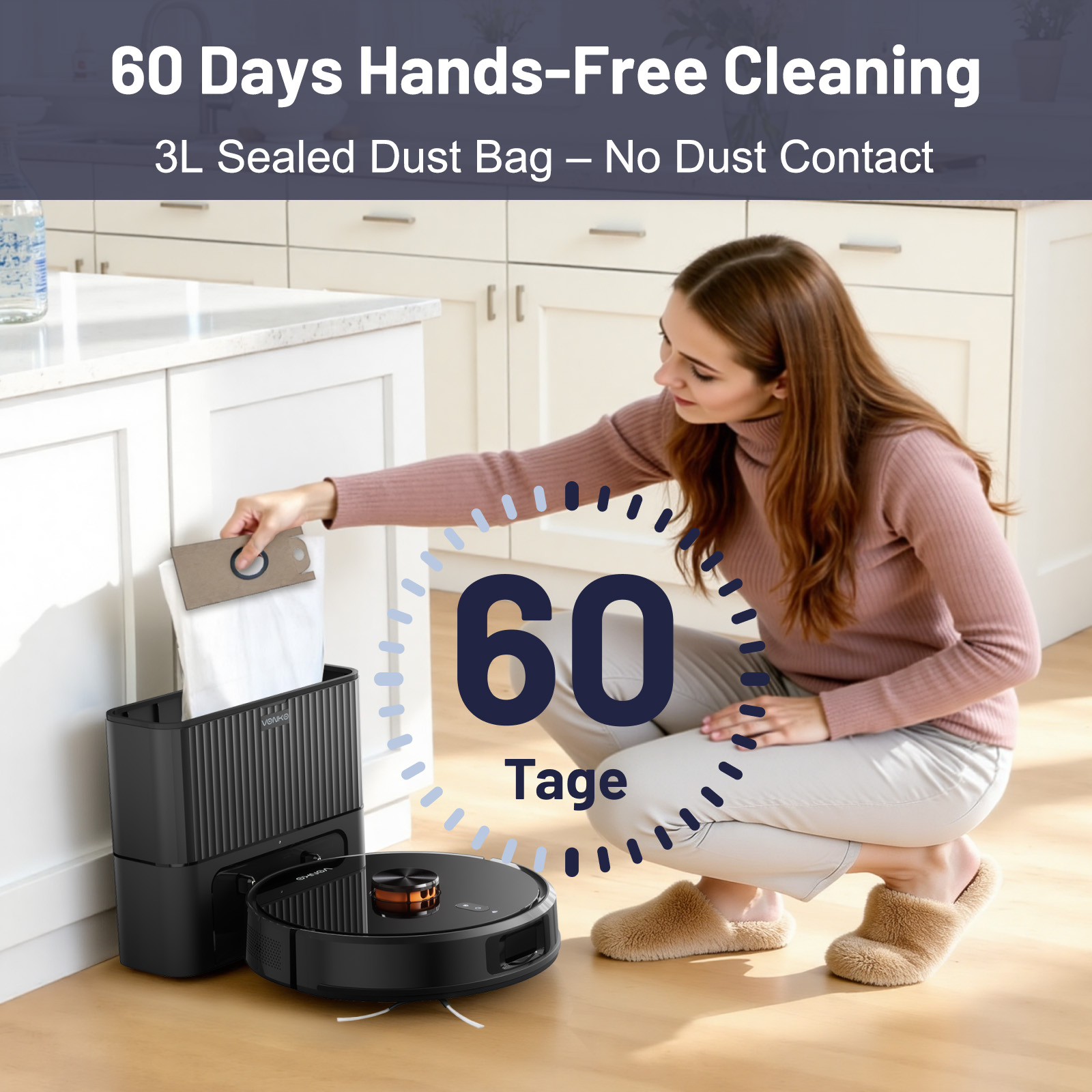 Kobieta wymienia worek na kurz w stacji dokującej robota. 60 dni.