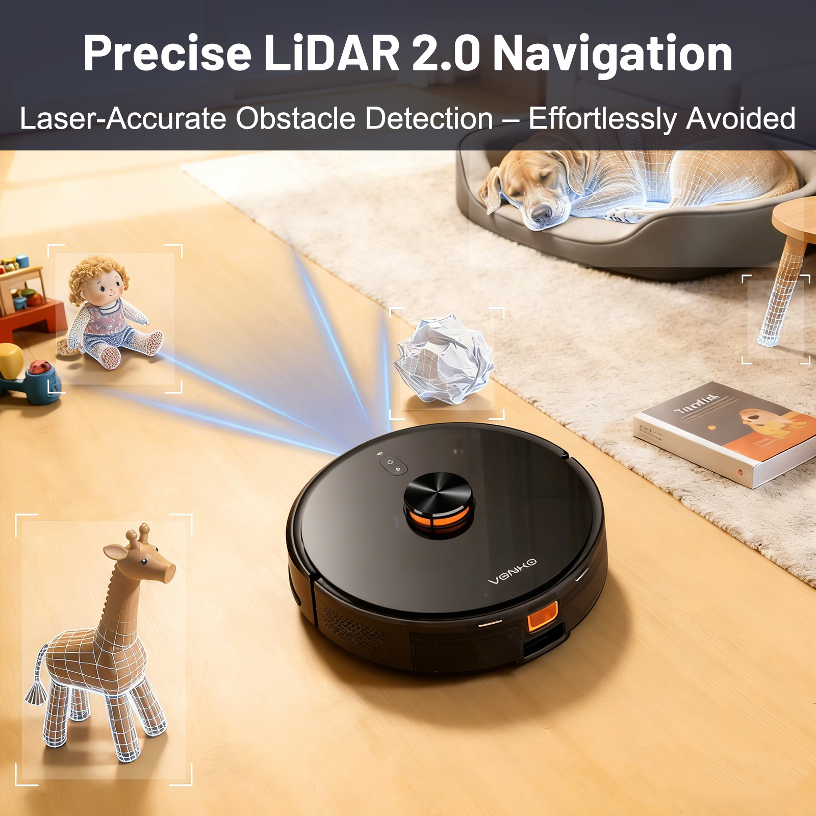 Czarny robot sprzątający skanuje zabawki i śpiącego psa niebieskimi wiązkami laserowymi.