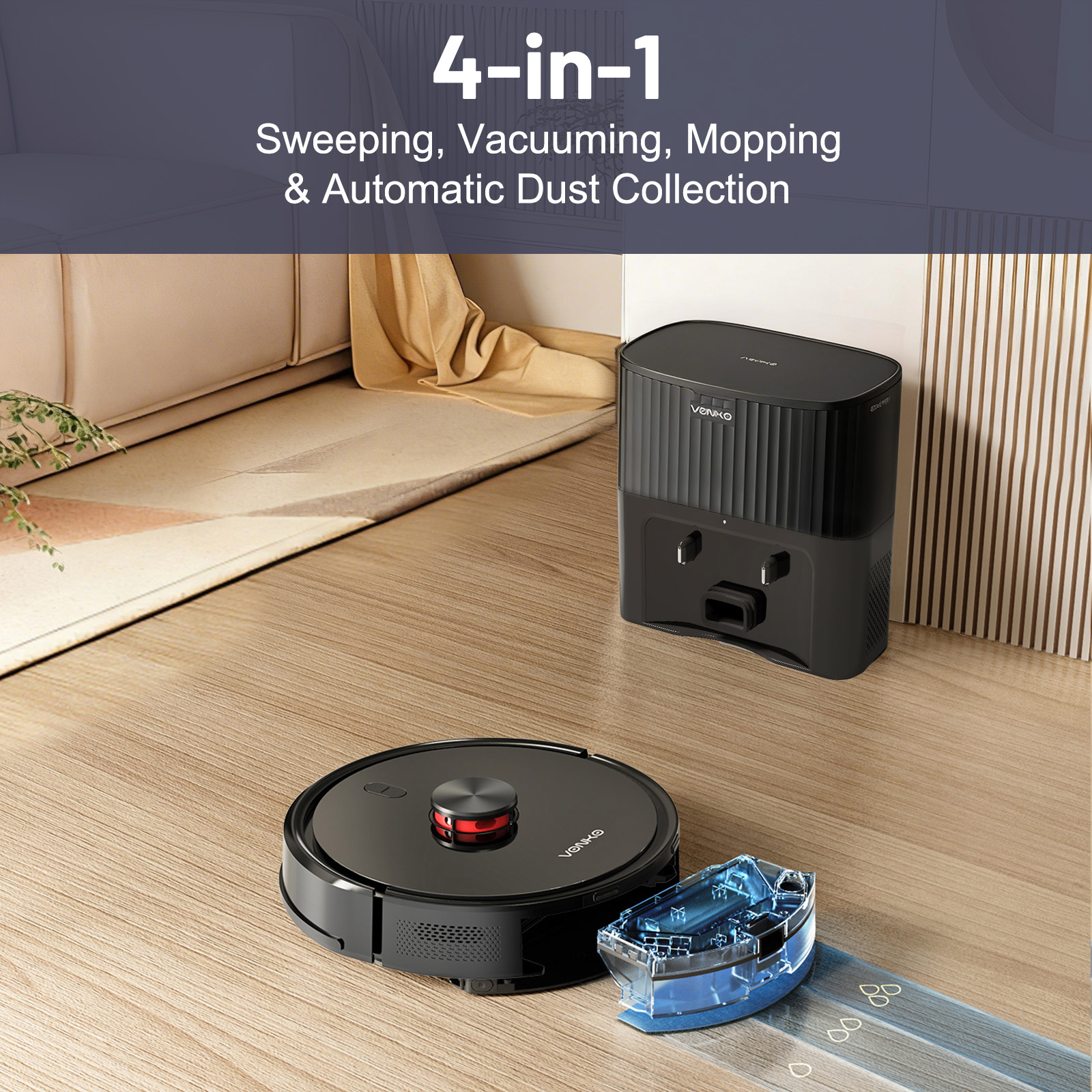 Czarny robot sprzątający ze zbiornikiem na wodę i stacją ładującą na drewnianej podłodze.