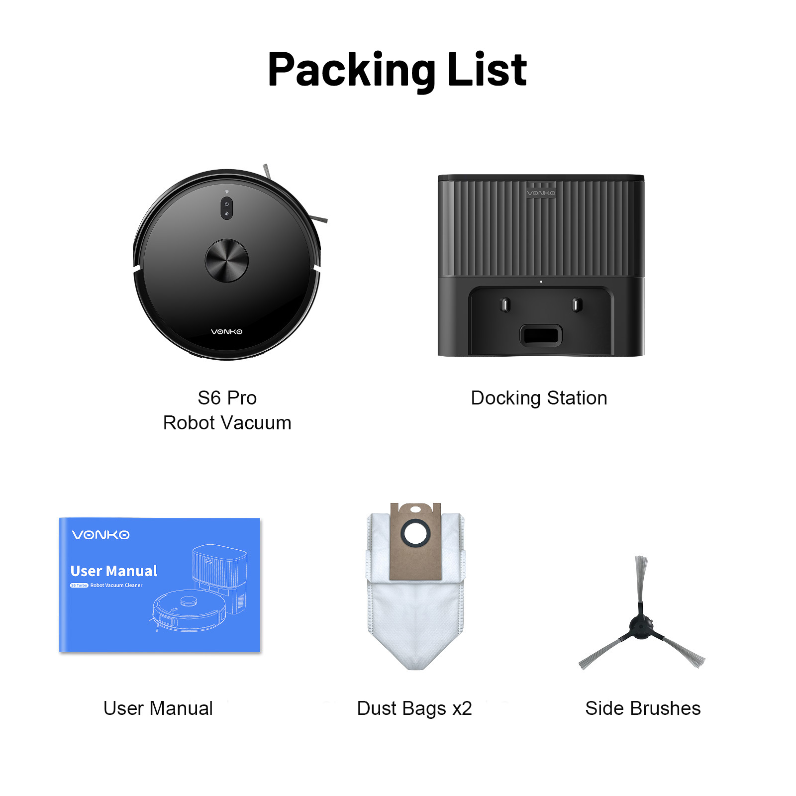Lista pakowania: Czarny robot odkurzający, stacja dokująca, instrukcja, worki na kurz, szczotki boczne.