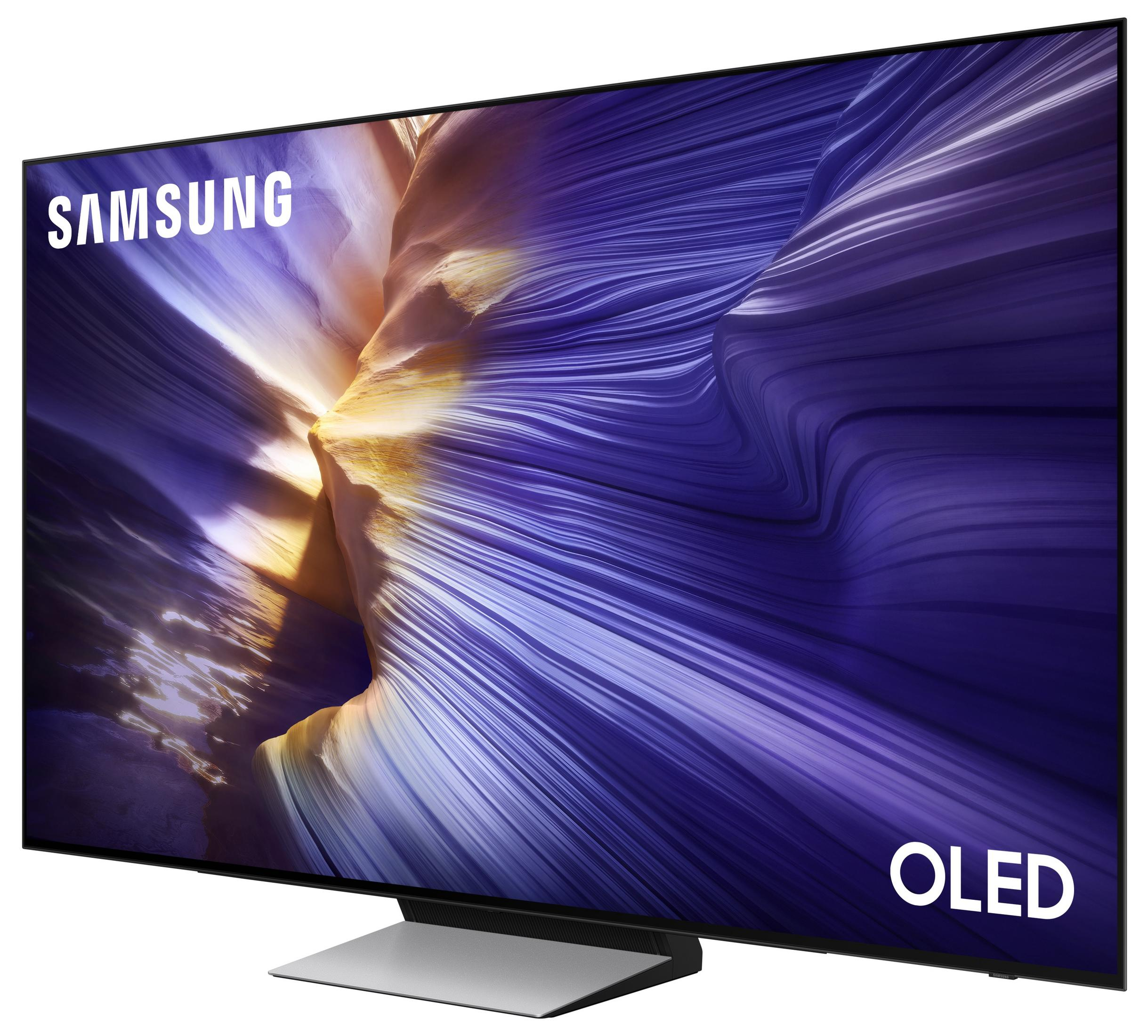 TV Samsung OLED su supporto moderno, con grafica astratta viola sullo schermo.