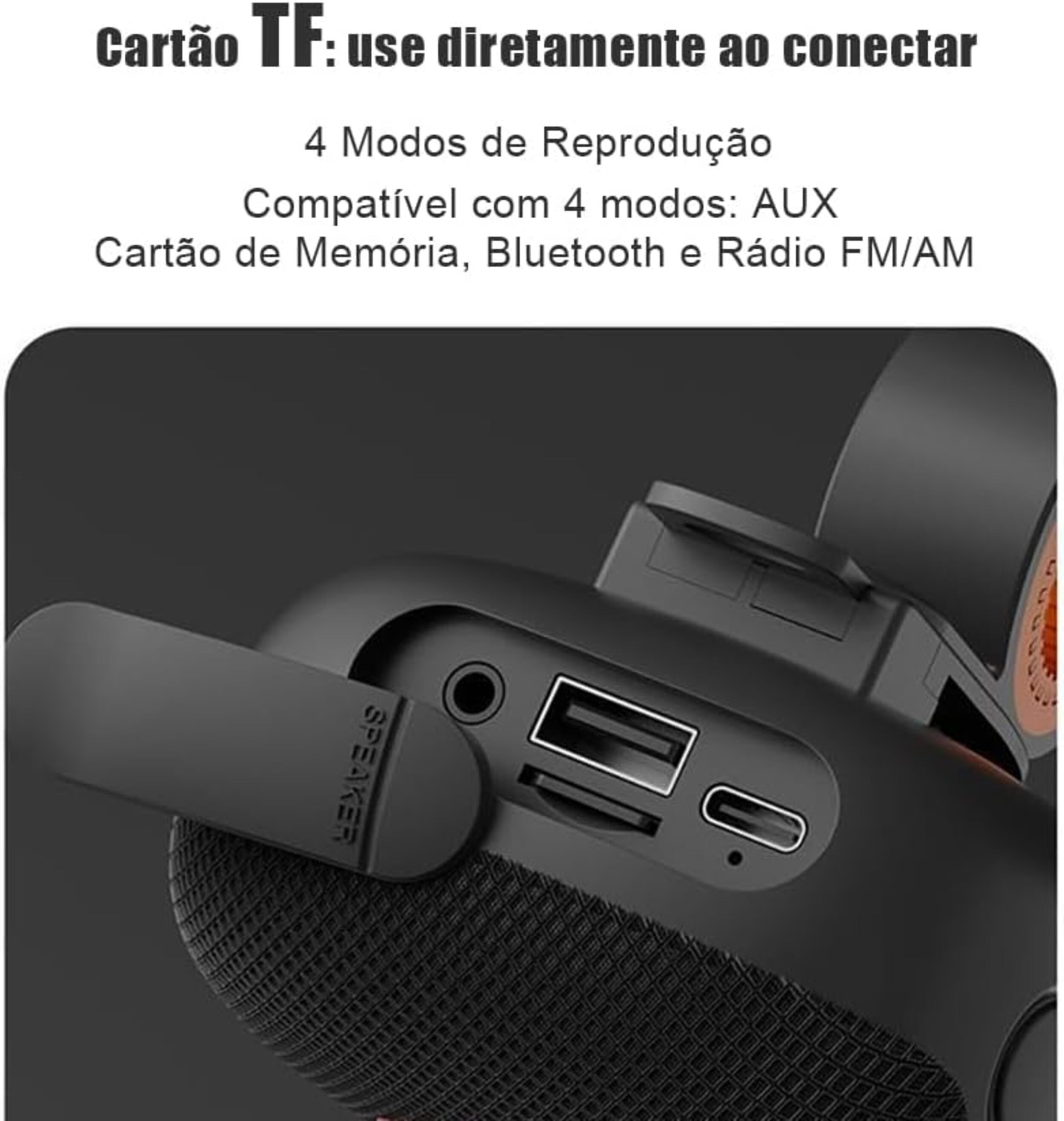 Primer plano de un altavoz negro con puertos: USB, AUX, tarjeta TF.