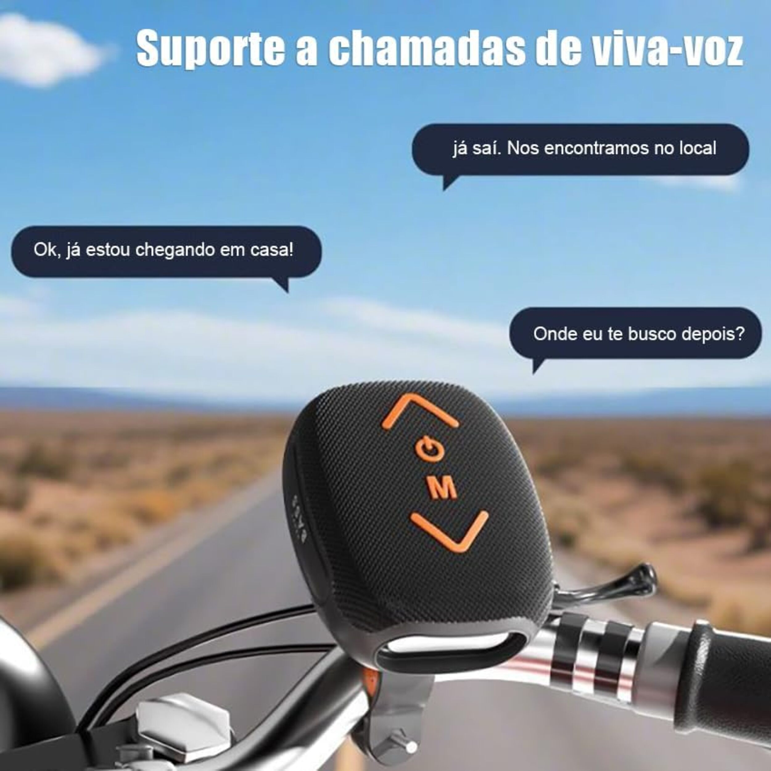 Altavoz en un manillar de bicicleta con burbujas de mensajes al fondo.