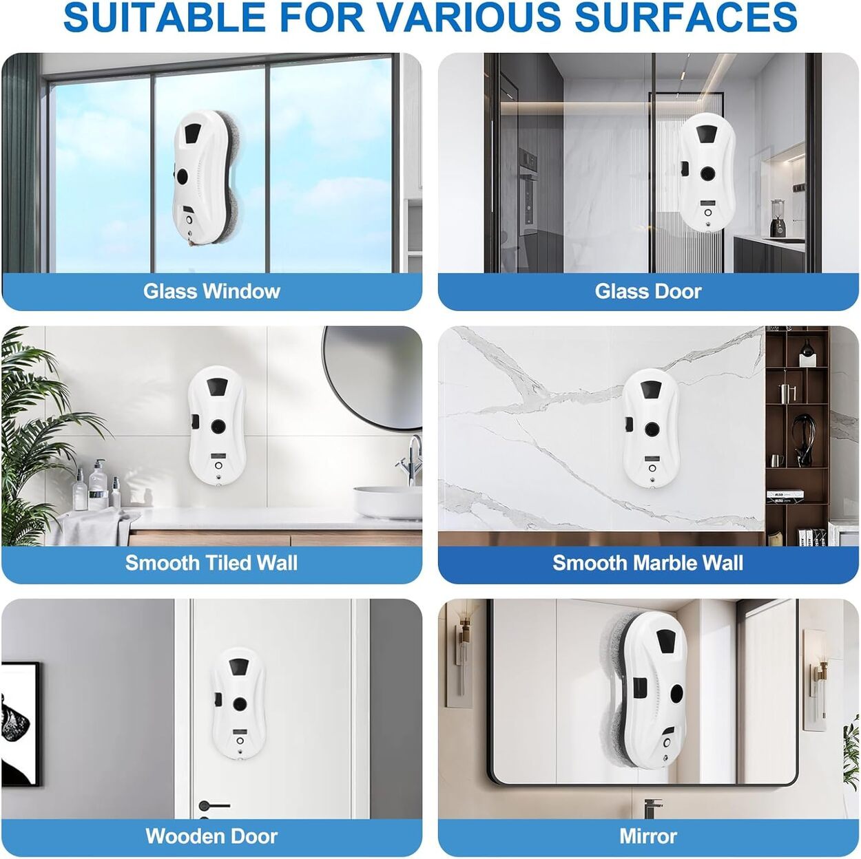 Un limpiacristales blanco en diversas superficies como vidrio, azulejo, mármol, madera y espejo.
