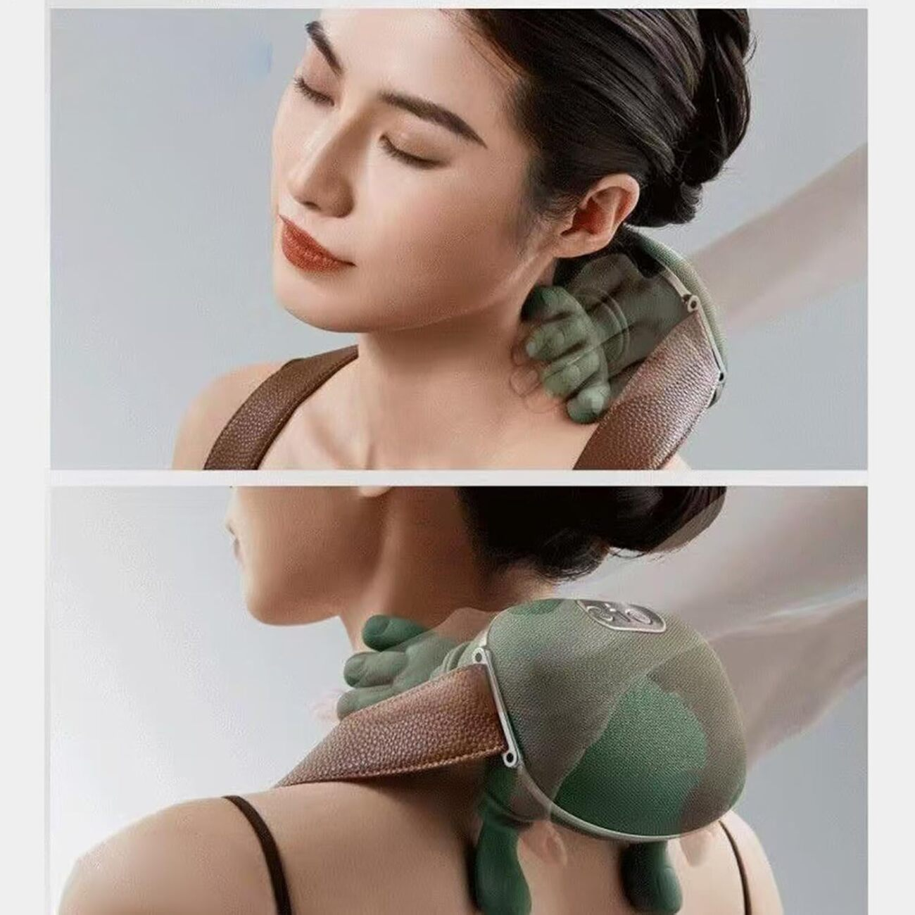 Mujer con masajeador de cuello de camuflaje y cuero marrón.