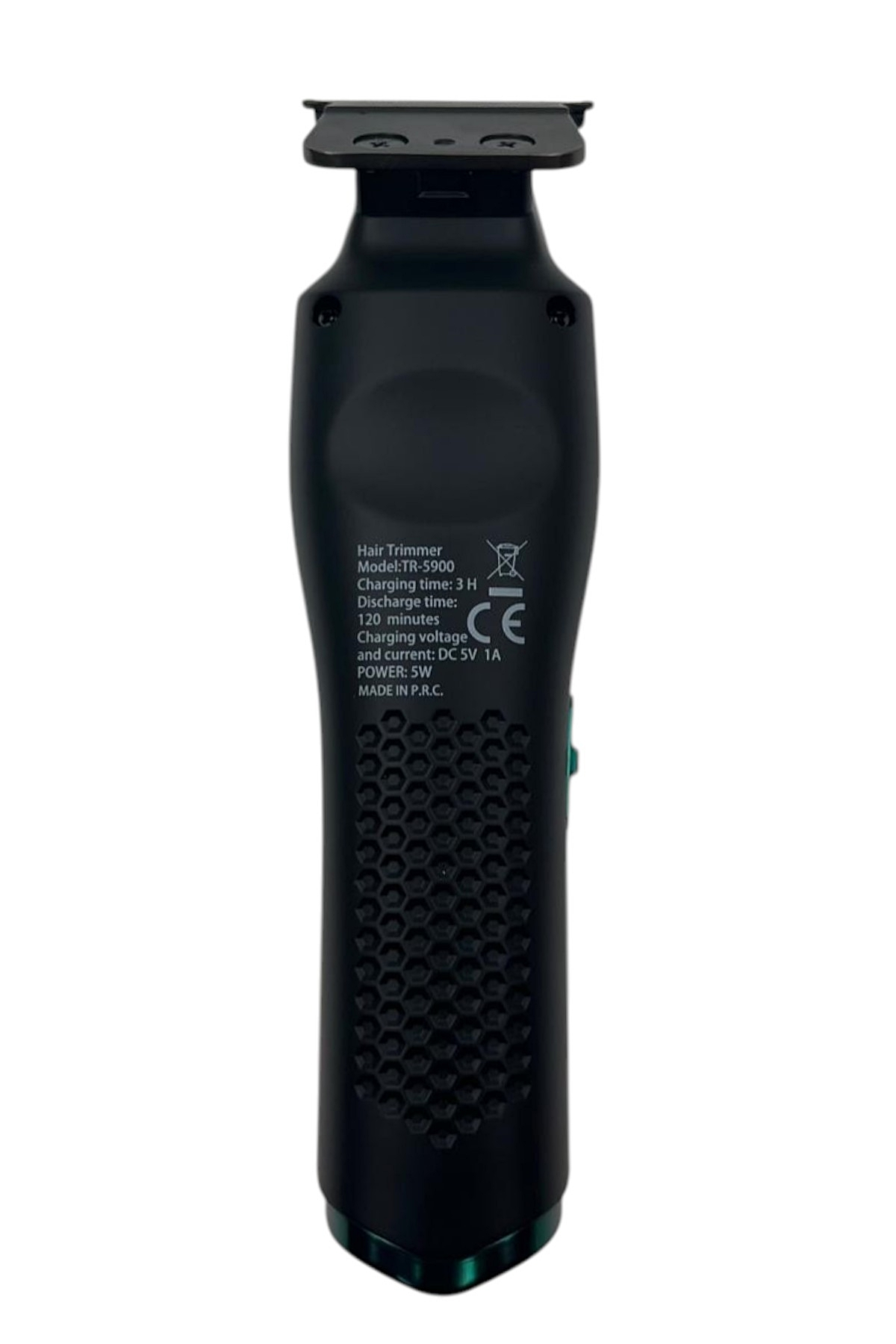 Siyah saç düzeltici, TR-5900 model, CE işareti ve şarj bilgileriyle.