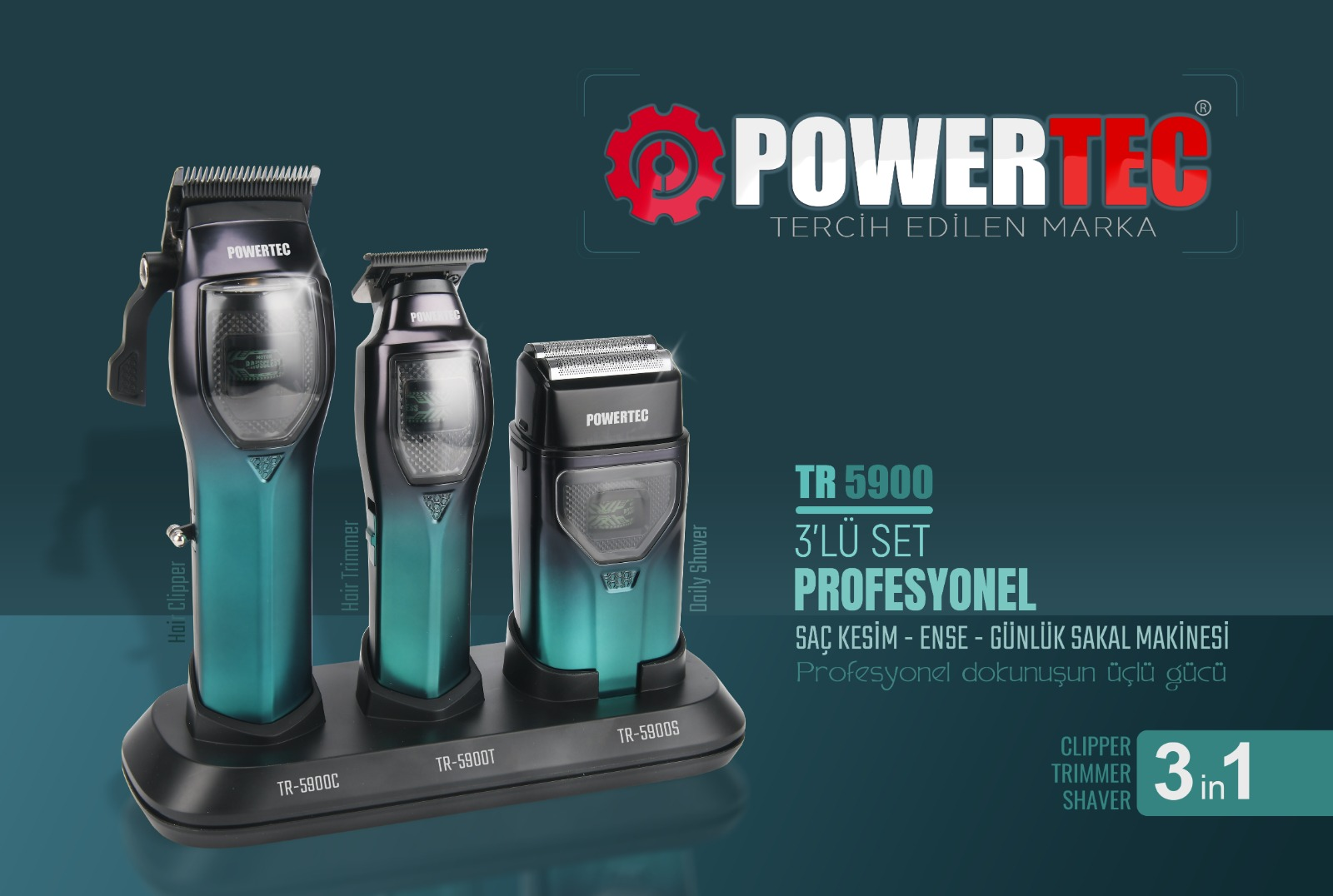 Powertec 3'lü set: şarj standında saç kesme makinesi, tüy dökücü ve tıraş makinesi.