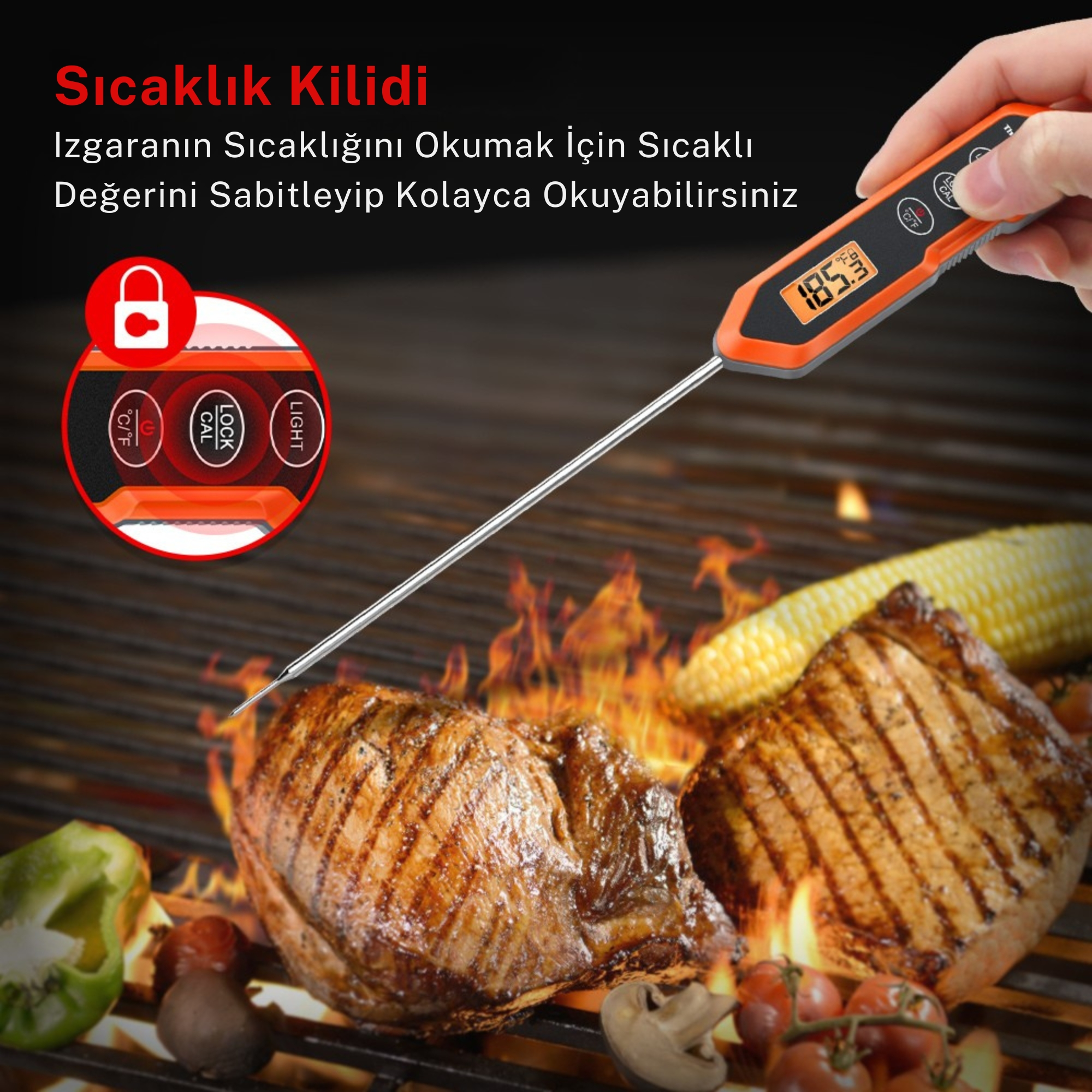 Termometre, alevli bir ızgarada eti ölçüyor.
