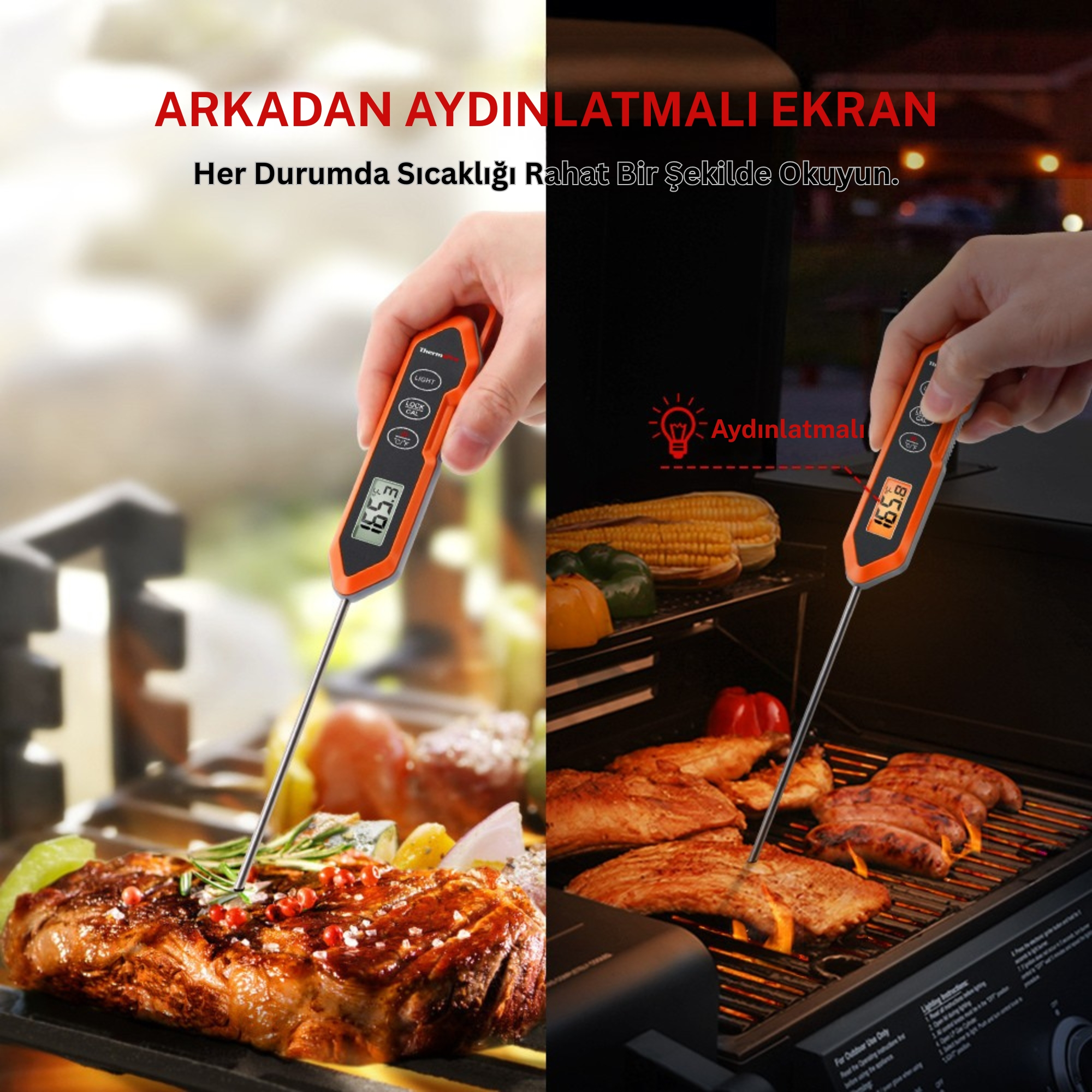 Bir termometre, aydınlatmalı ekranla ızgara et ve sebzelerin sıcaklığını ölçer.