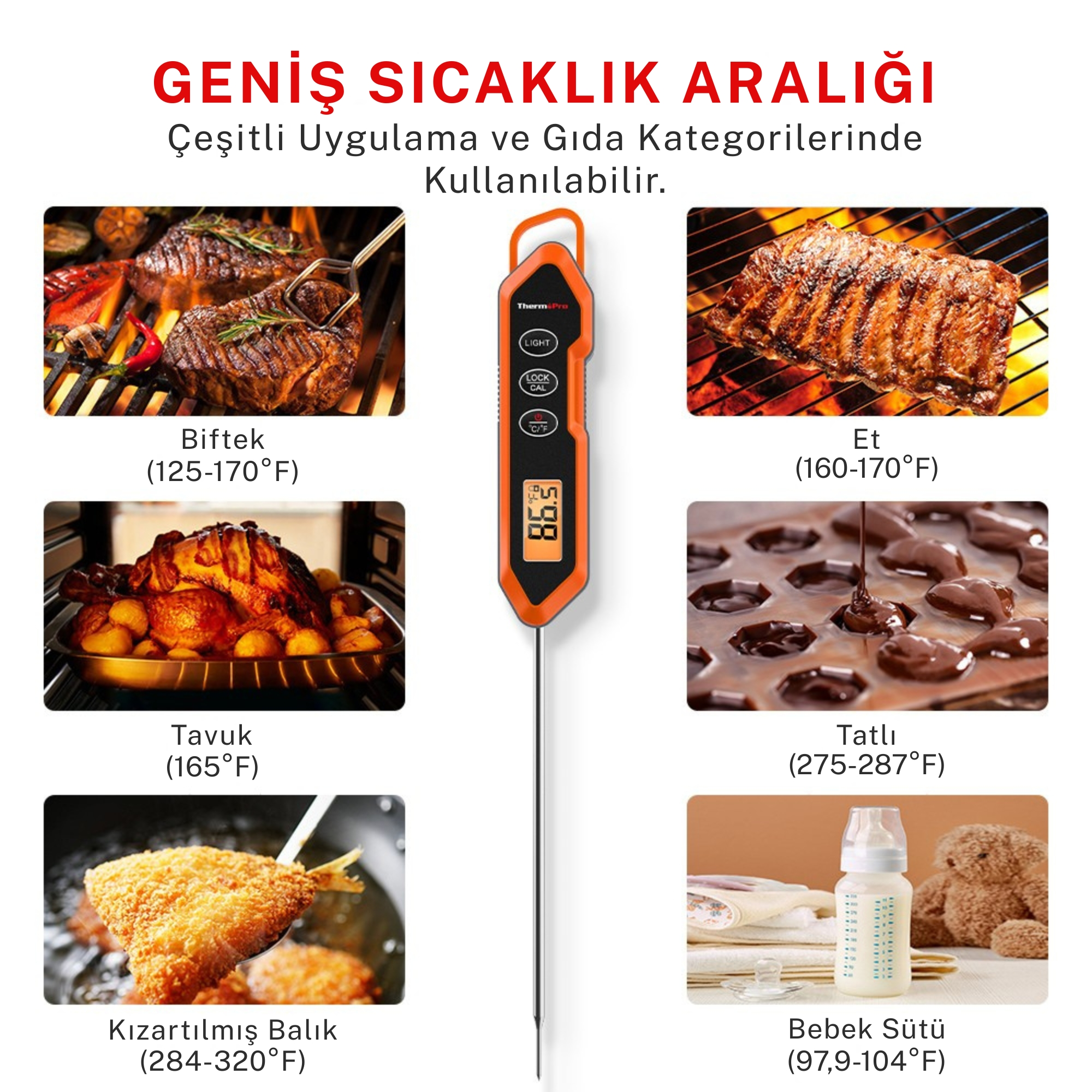Et, kümes hayvanları, balık, tatlılar ve bebek maması termometre ile.