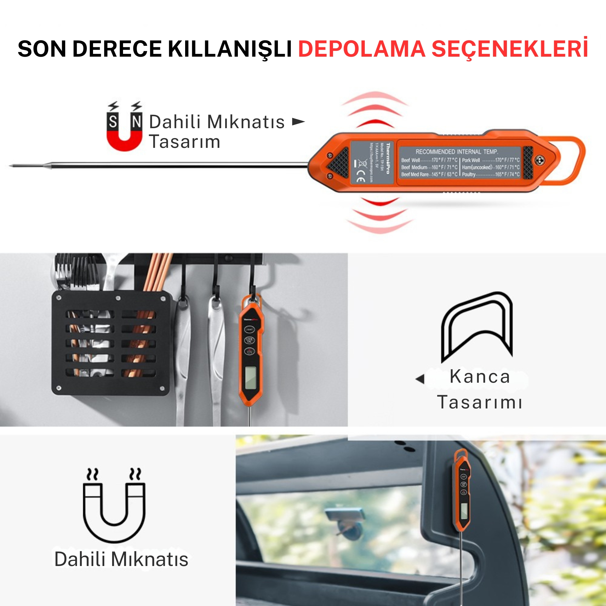 THERMOPRO TP15H Dijital - IPX6 Su Geçirmez, 3 Saniyede Hızlı Ölçüm Gıda Termometresi